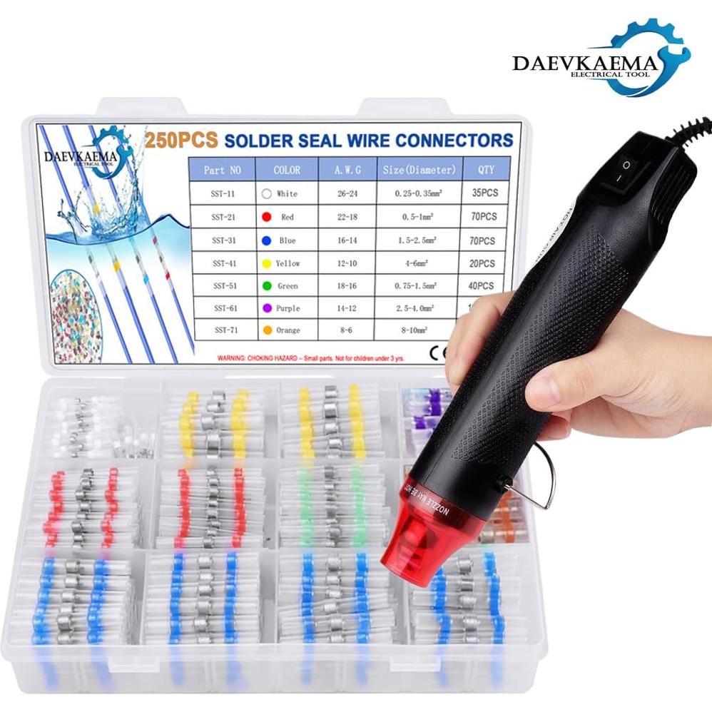 Kit 250 Conectores de Cable Impermeables Daevkaema con Pistola de Calor