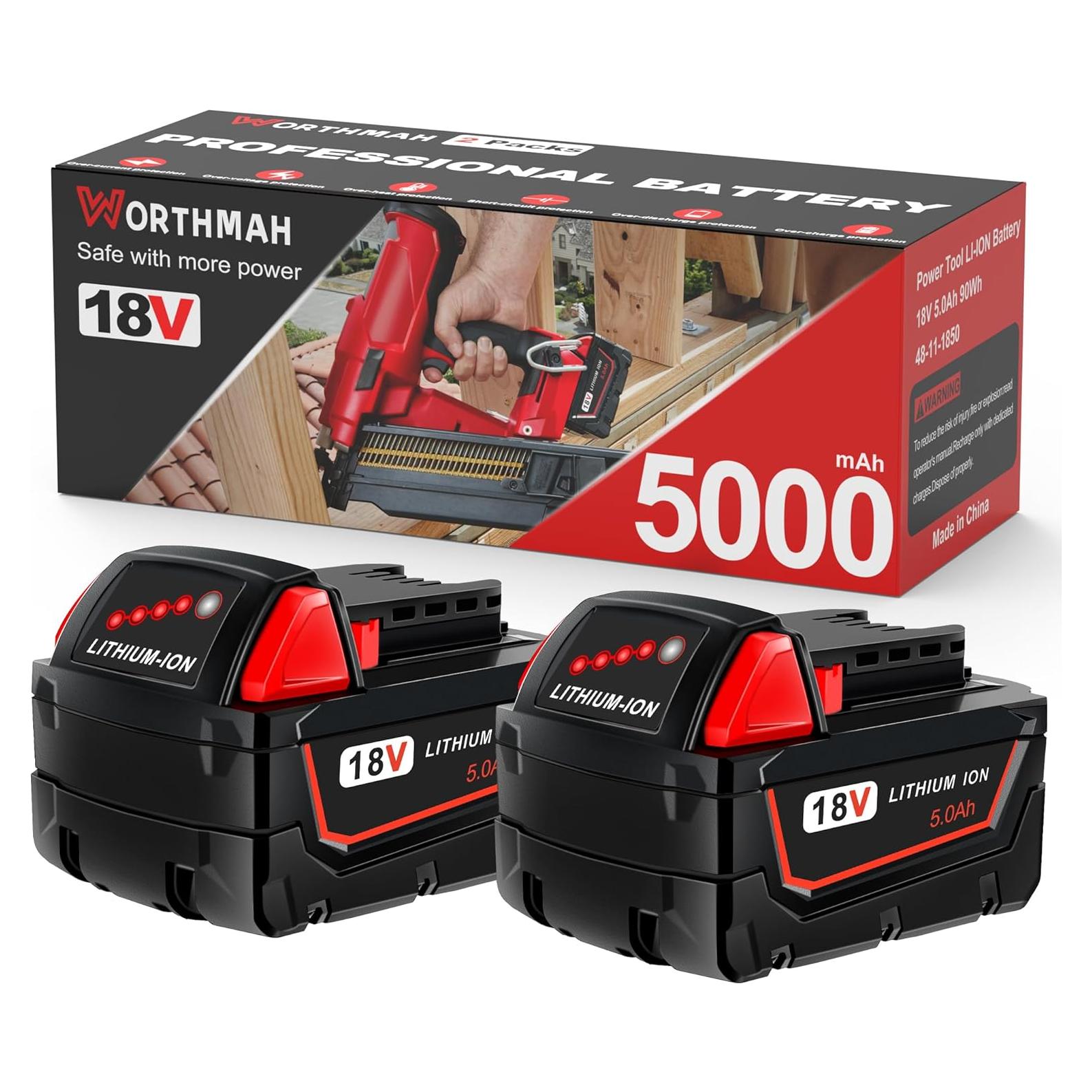 Paquete de 2 Baterías 18V 5000mAh WORTHMAH para Milwaukee M18
