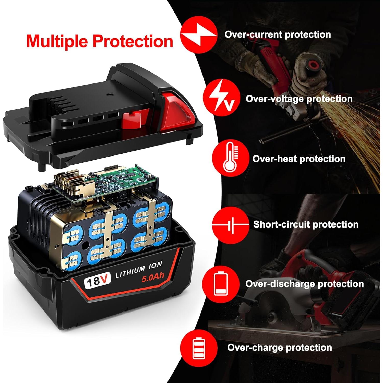 Paquete de 2 Baterías 18V 5000mAh WORTHMAH para Milwaukee M18