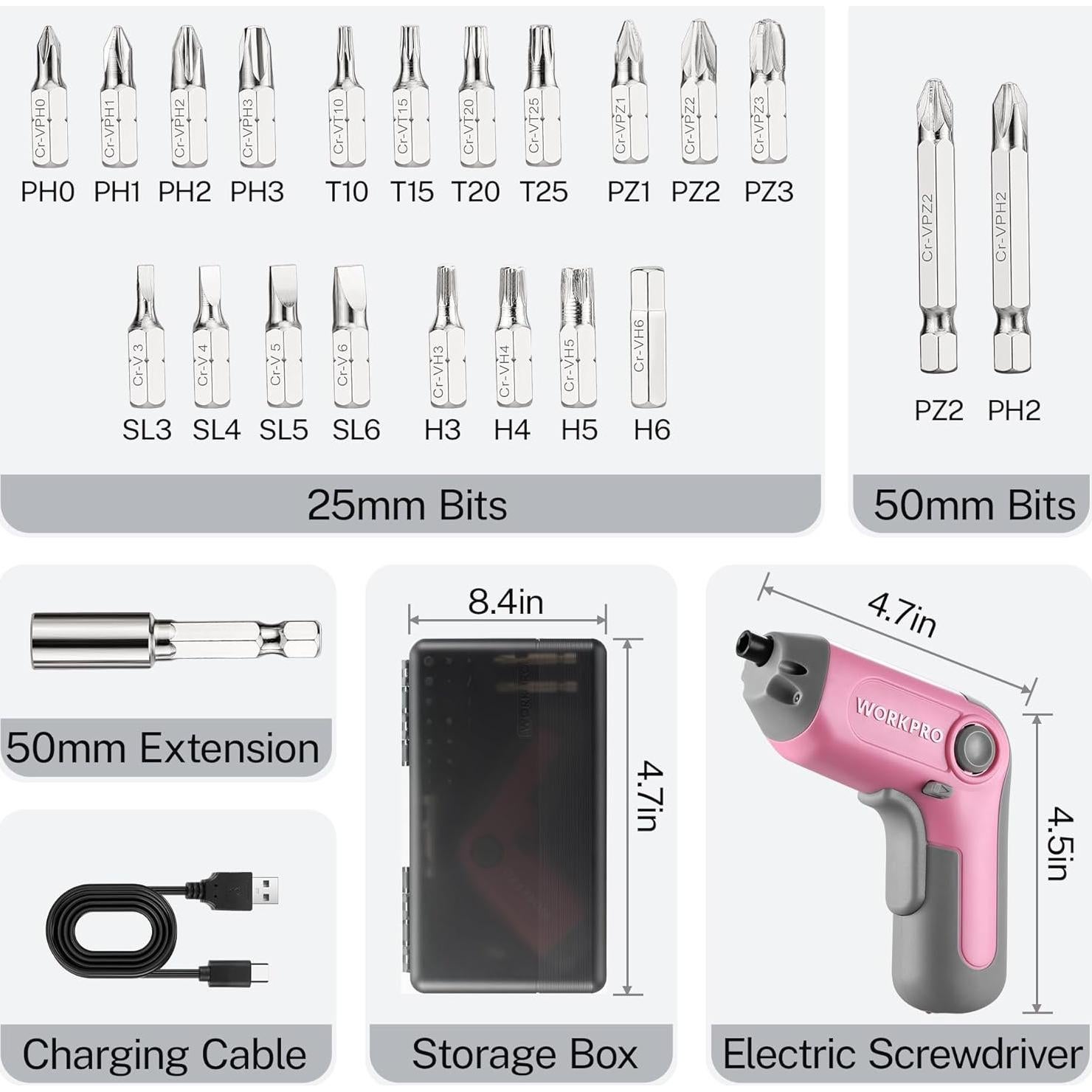 Destornillador Eléctrico Inalámbrico WORKPRO 3.6V con 22 Puntas