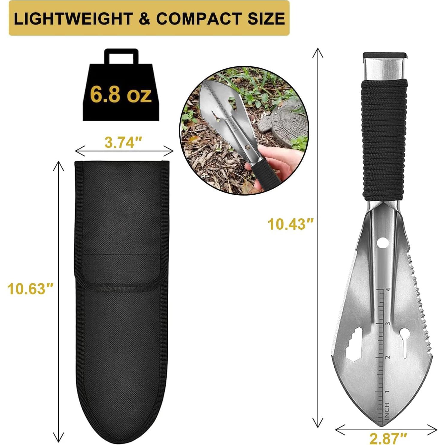 Backpacking Shovel, Camping Hand Trowel, Lightweight Hiking Shovel, Small Potty Multitool with Carrying Pouch for Digging, Metal Detecting, Gardening, Survival and Outdoor