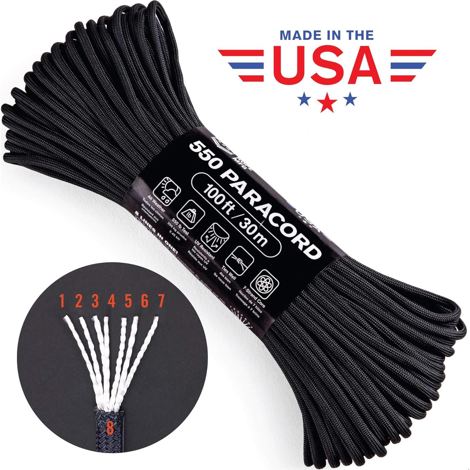Atwood Rope MFG 550 Paracord 100 Feet 7-Strand Core Nylon Parachute Cord Outside Survival Gear Made in USA | Lanyards, Bracelets, Handle Wraps, Keychain (Abyss)