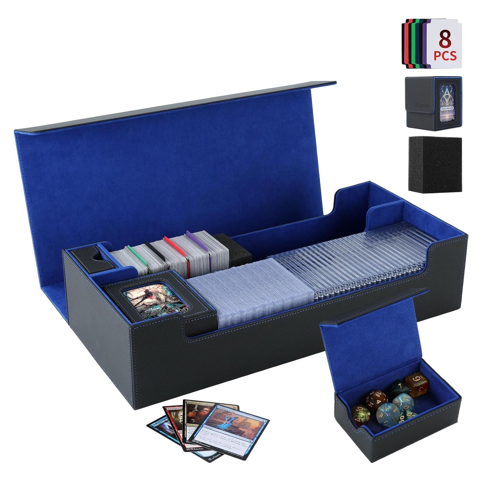 Trading Card Storage Box, 2200+ MTG Deck Box Leather Magnetic Closure Commander Deck Box, Holds 5 Small Deck Boxes, Includes 1 Small Box, 8 Dividers, 1 Foam Stopper, 1 Toploader, Black/Blue