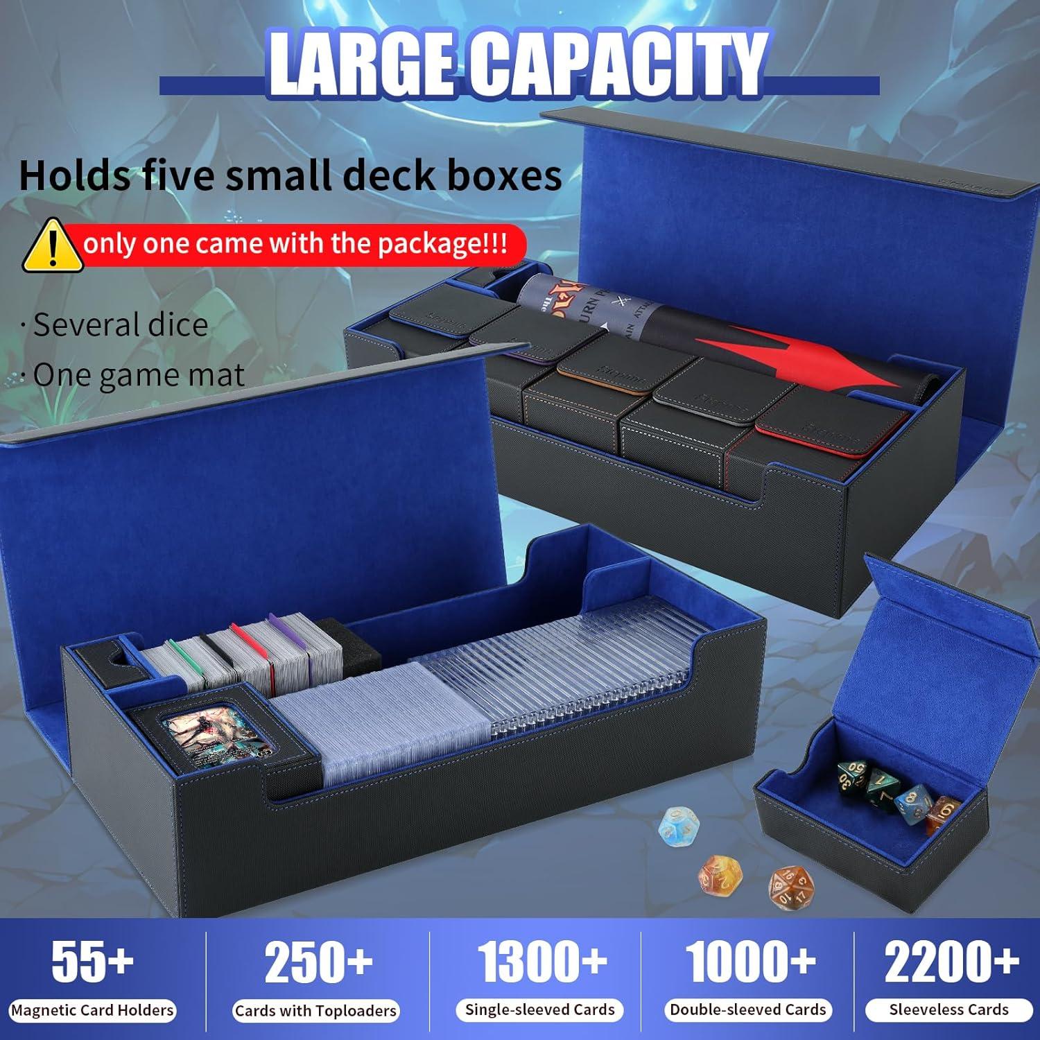 Trading Card Storage Box, 2200+ MTG Deck Box Leather Magnetic Closure Commander Deck Box, Holds 5 Small Deck Boxes, Includes 1 Small Box, 8 Dividers, 1 Foam Stopper, 1 Toploader, Black/Blue