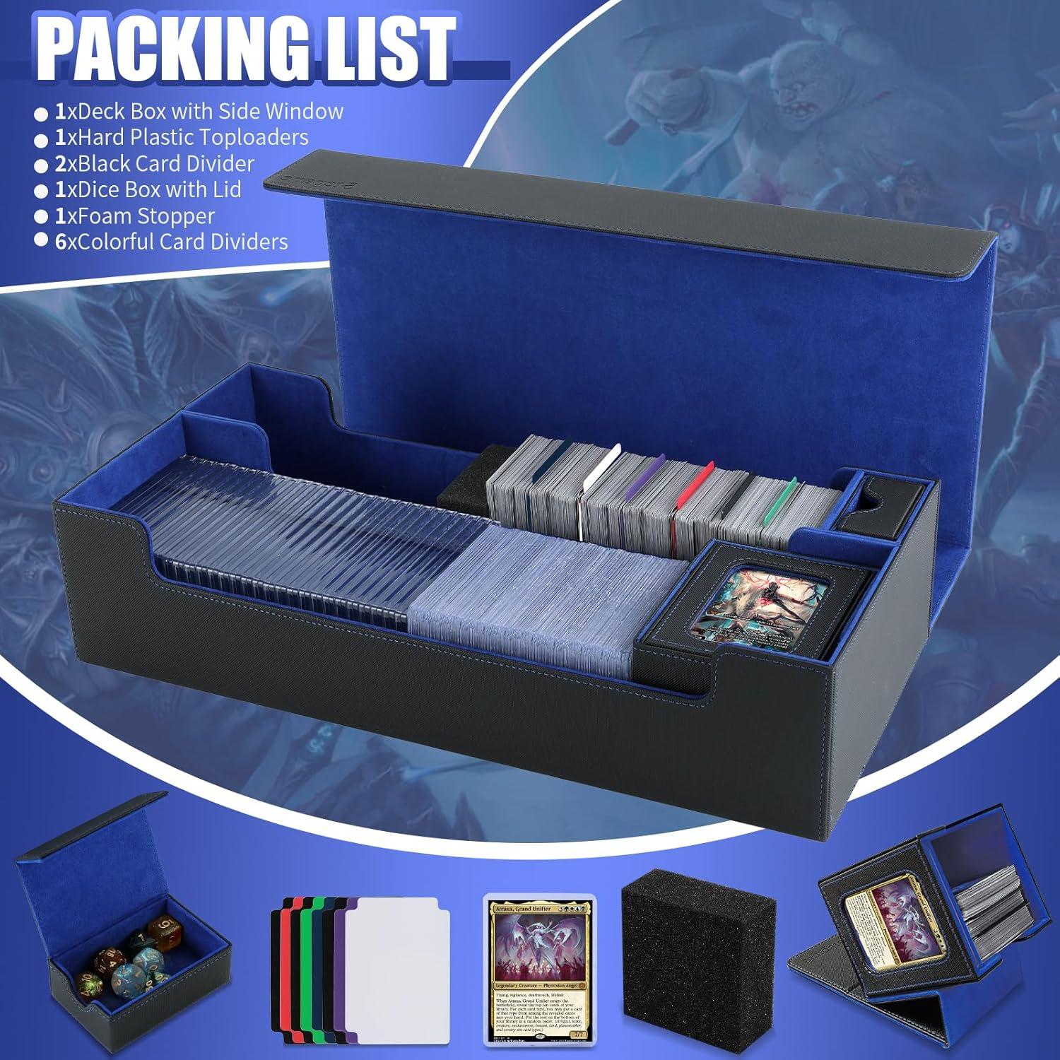 Trading Card Storage Box, 2200+ MTG Deck Box Leather Magnetic Closure Commander Deck Box, Holds 5 Small Deck Boxes, Includes 1 Small Box, 8 Dividers, 1 Foam Stopper, 1 Toploader, Black/Blue