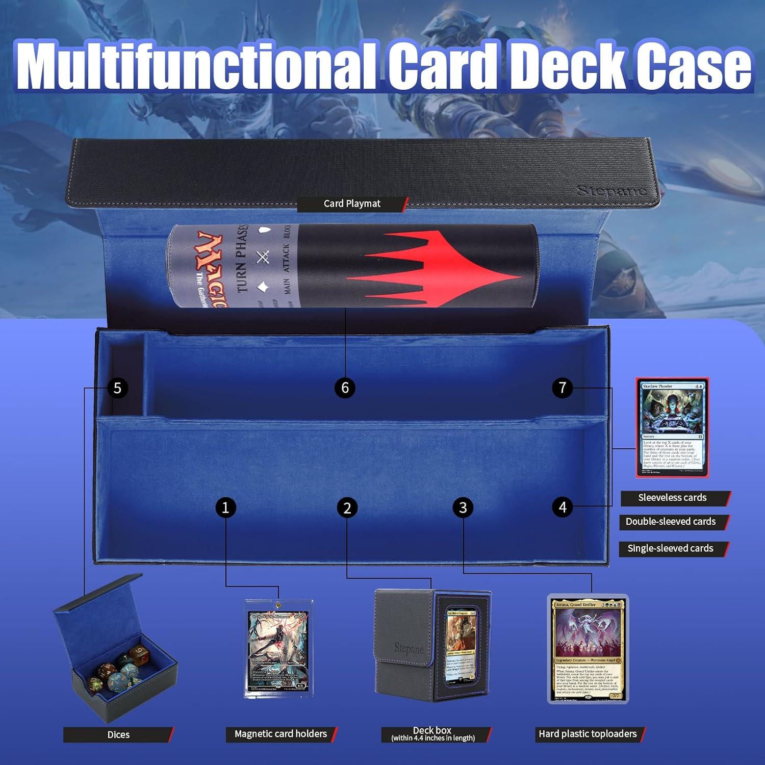 Trading Card Storage Box, 2200+ MTG Deck Box Leather Magnetic Closure Commander Deck Box, Holds 5 Small Deck Boxes, Includes 1 Small Box, 8 Dividers, 1 Foam Stopper, 1 Toploader, Black/Blue