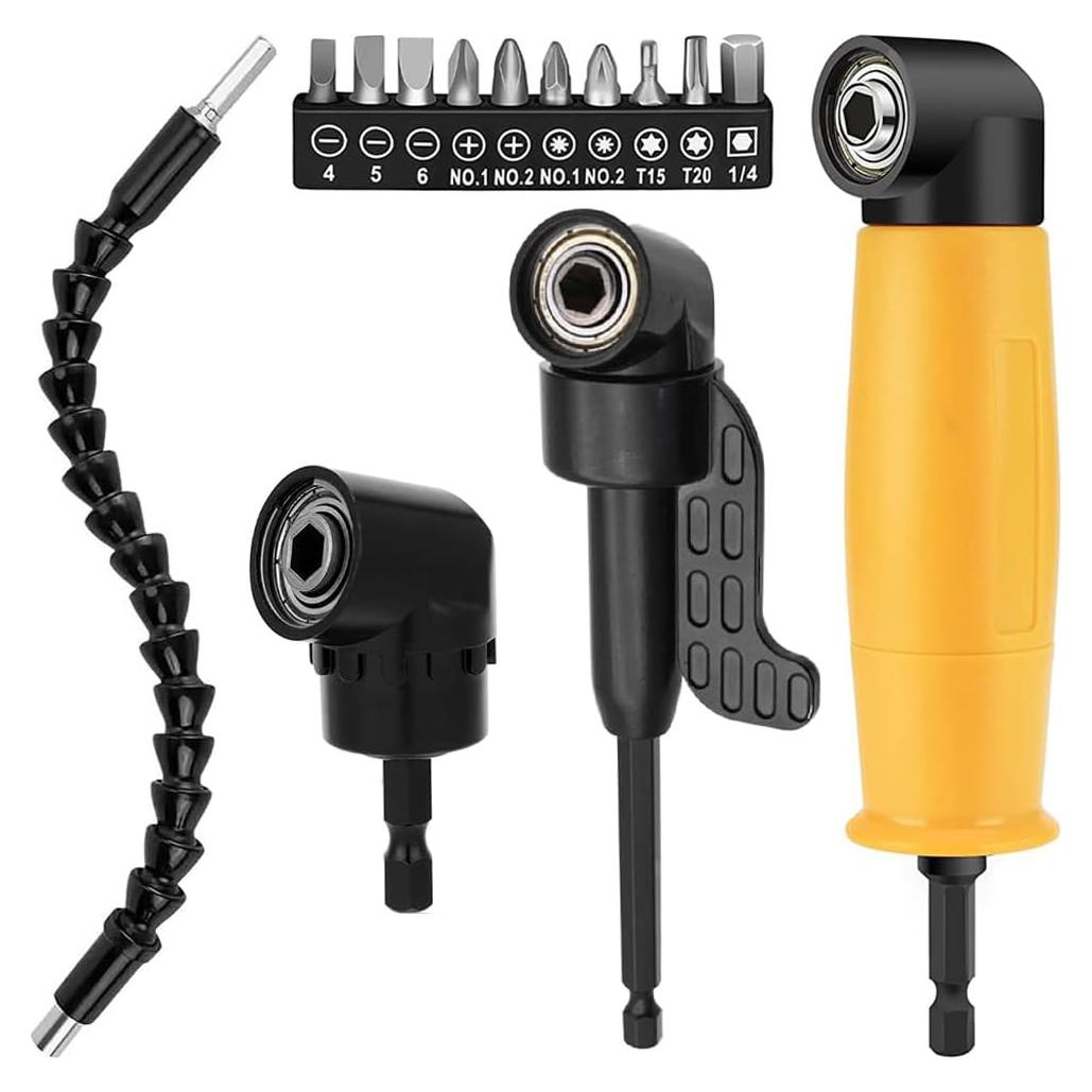 Right Angle Drill Attachment Set, Including Flexible Drill Bit Extension, 3pcs Angle Extension Power Drill Attachment with 1/4'' Hex Impact Shank, Screwdriver Bit Set (Black)