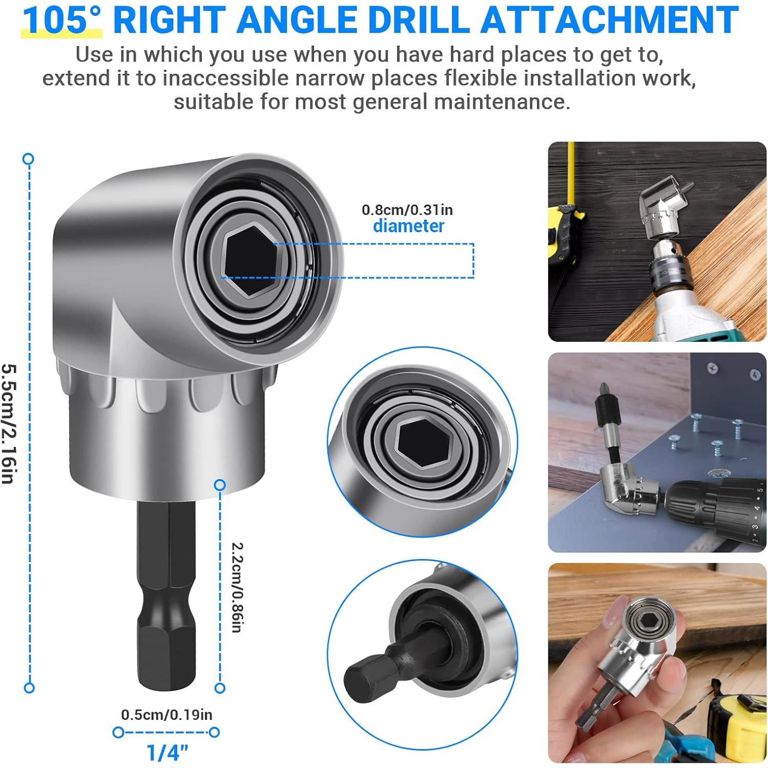 Right Angle Drill Attachment Set, Including Flexible Drill Bit Extension, 3pcs Angle Extension Power Drill Attachment with 1/4'' Hex Impact Shank, Screwdriver Bit Set (Black)