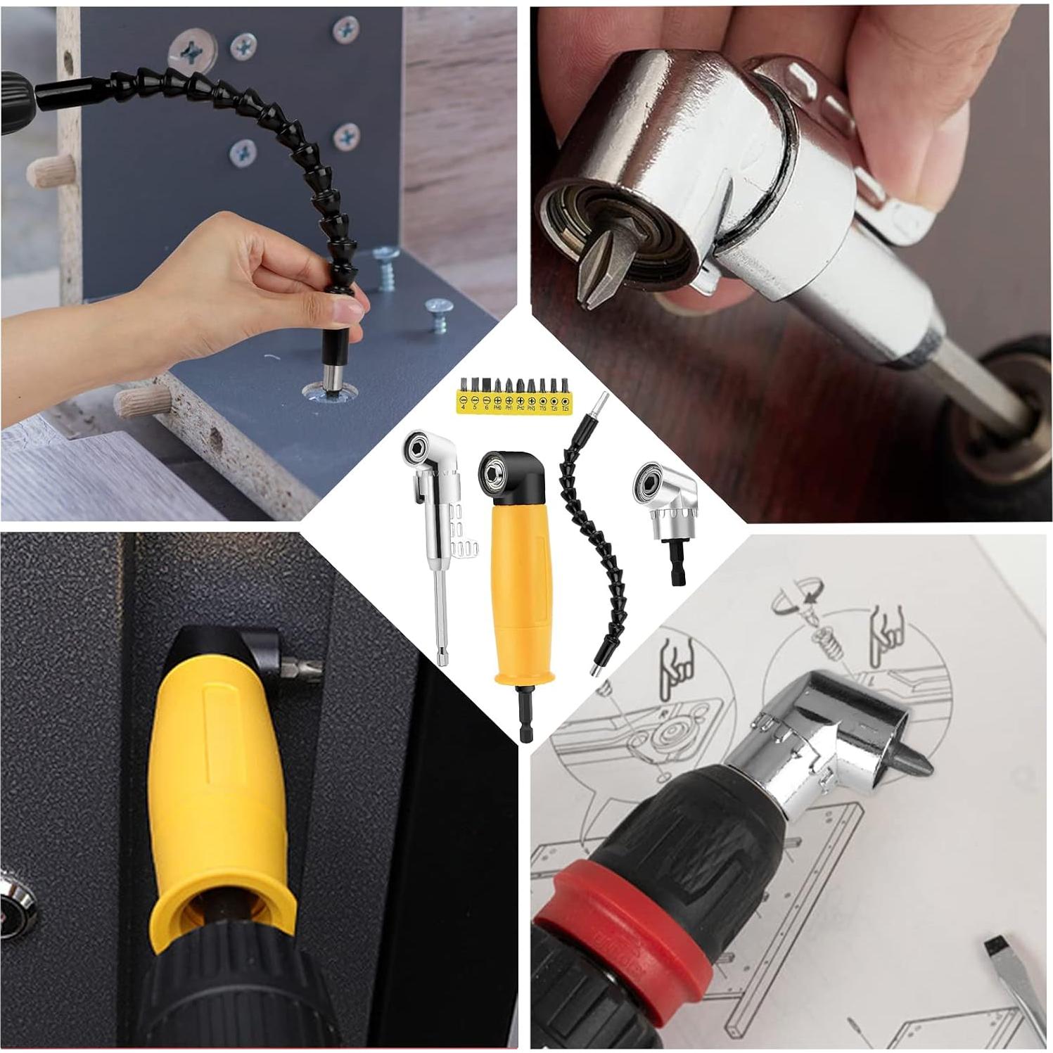 Right Angle Drill Attachment Set, Including Flexible Drill Bit Extension, 3pcs Angle Extension Power Drill Attachment with 1/4'' Hex Impact Shank, Screwdriver Bit Set (Black)