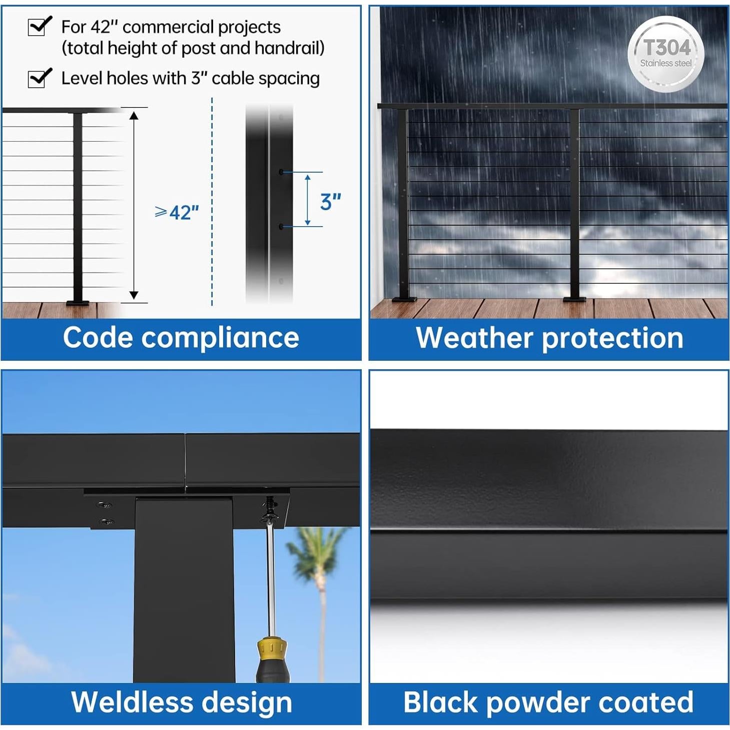 Poste de Barandilla de Cable Muzata 42" Acero Inoxidable Negro