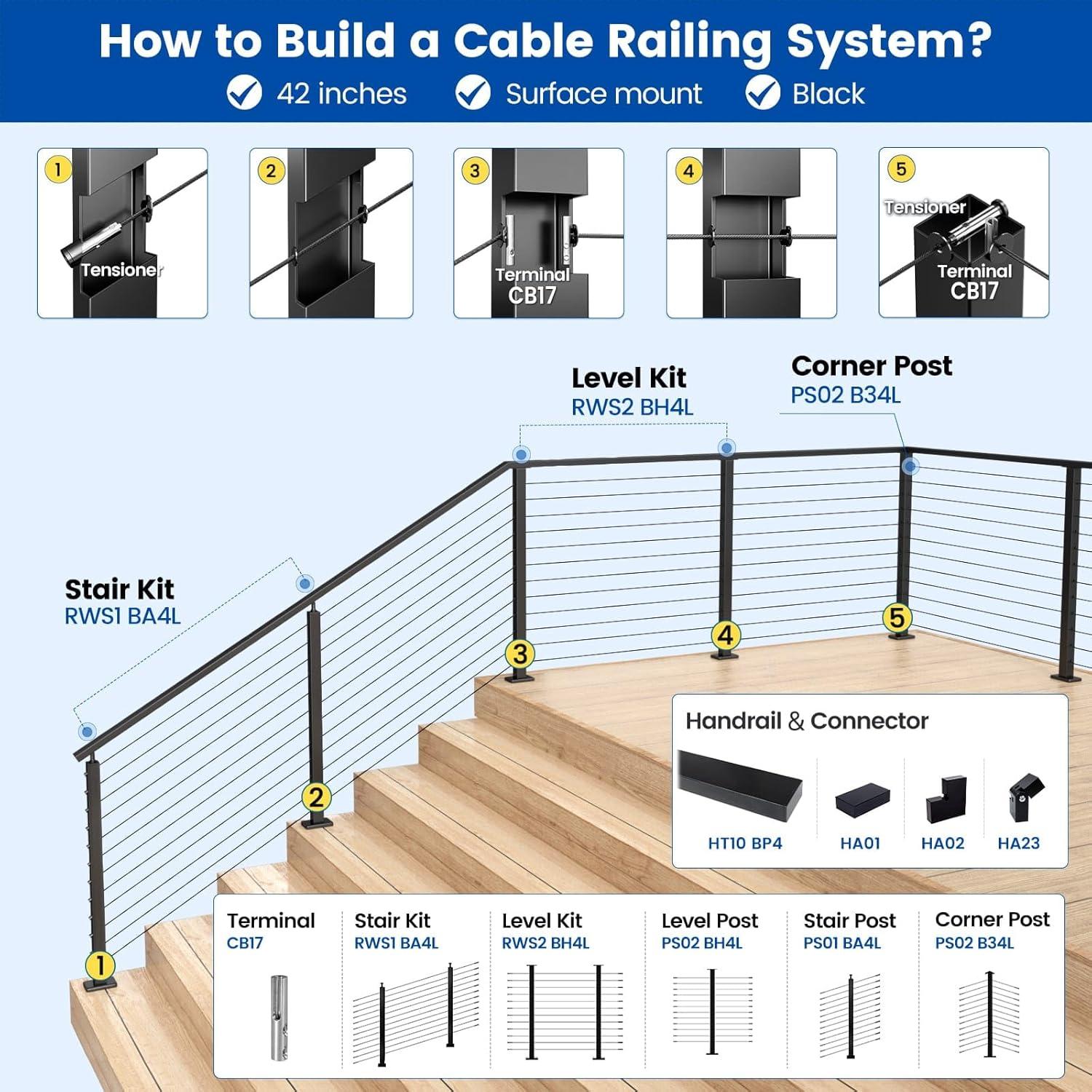 Poste de Barandilla de Cable Muzata 42" Acero Inoxidable Negro
