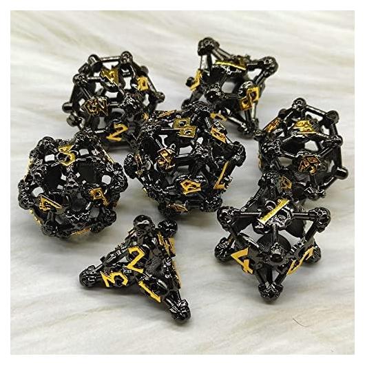 7-Piece Crafted Hollow Metal Dice Set - Skull and Bones - D&D - Dungeons and Dragons - D4 D6 D8 D10 D20 Molded Bronze!!! (Black)