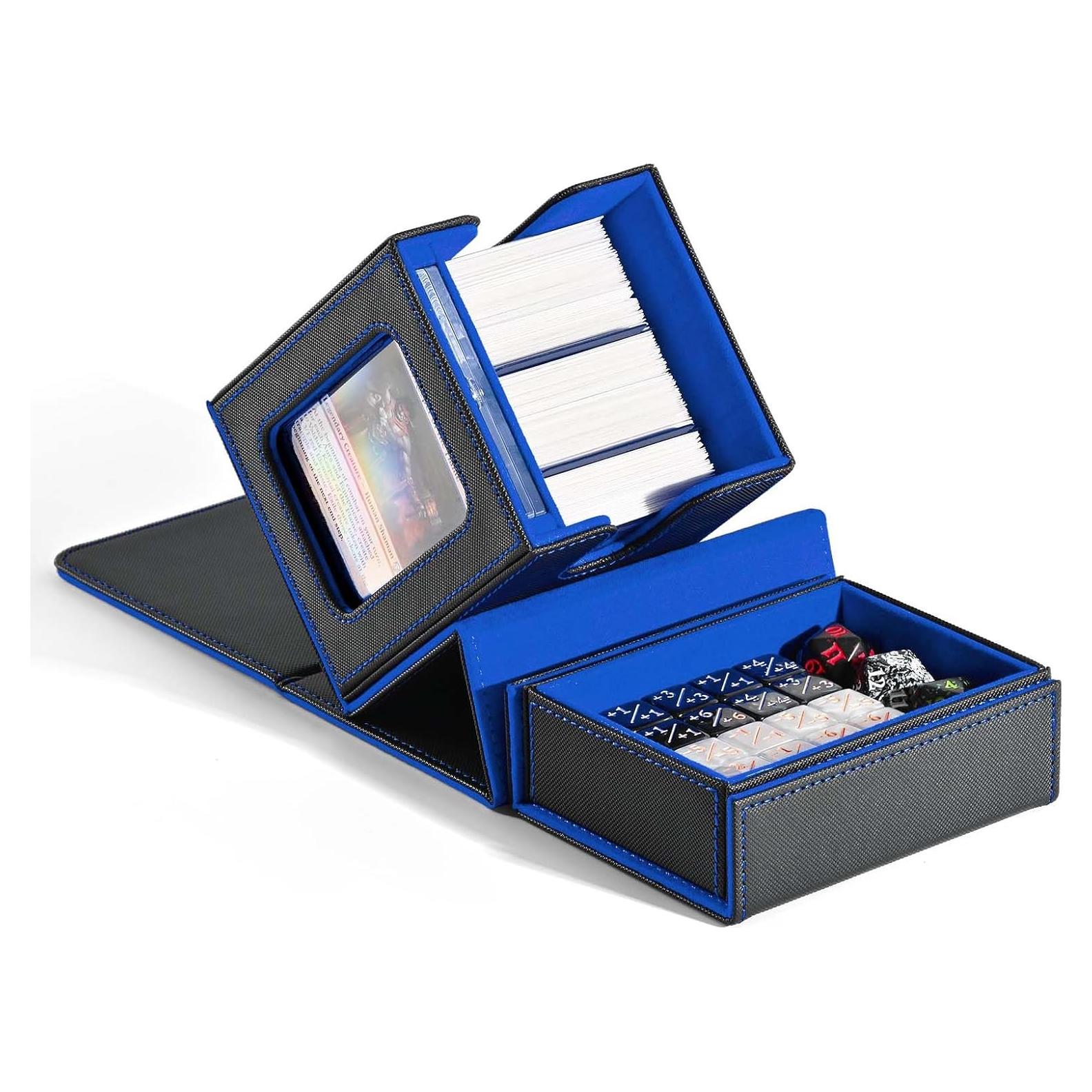 ZLCA MTG Commander Deck Box with Display Window,Deck Box Holds 100 Double-Sleeved with Dice Tray & 35pt Magnetic Card Holder（Black& Blue）