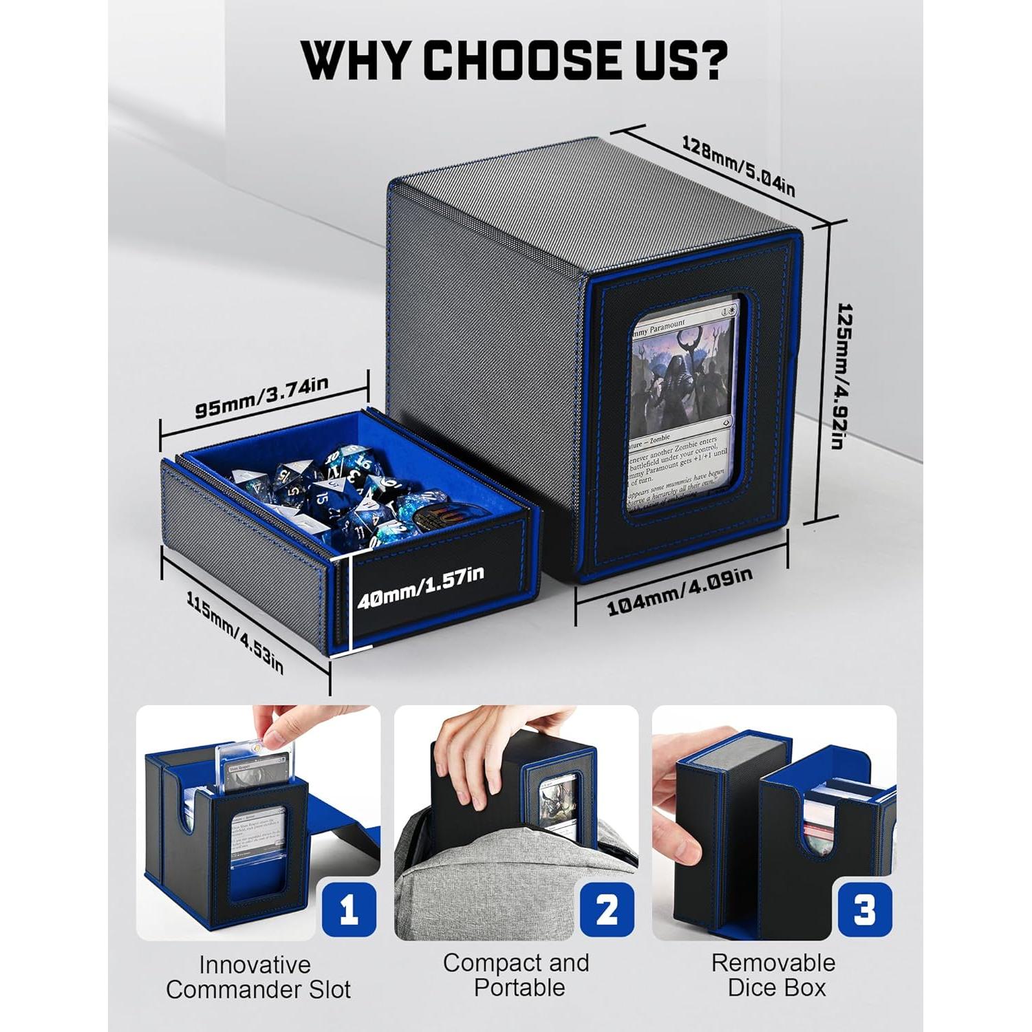 ZLCA MTG Commander Deck Box with Display Window,Deck Box Holds 100 Double-Sleeved with Dice Tray & 35pt Magnetic Card Holder（Black& Blue）