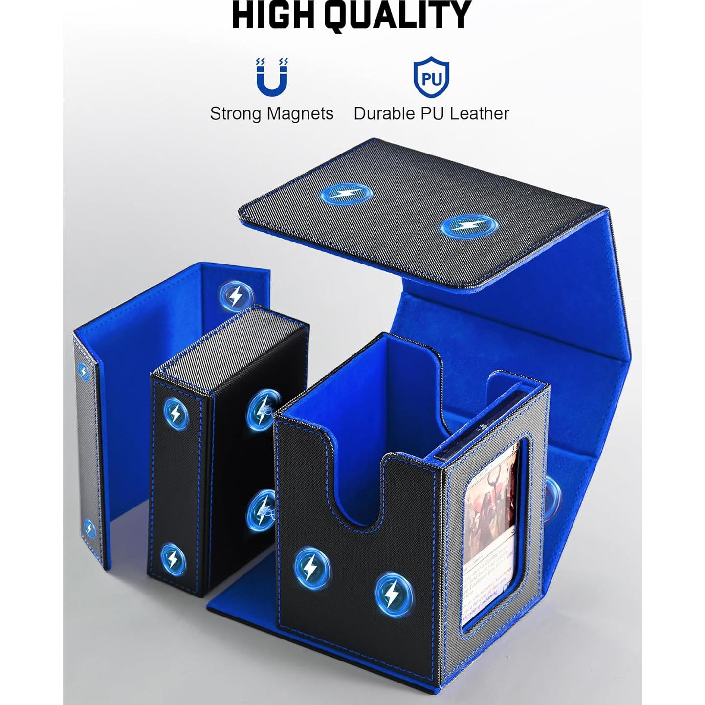ZLCA MTG Commander Deck Box with Display Window,Deck Box Holds 100 Double-Sleeved with Dice Tray & 35pt Magnetic Card Holder（Black& Blue）