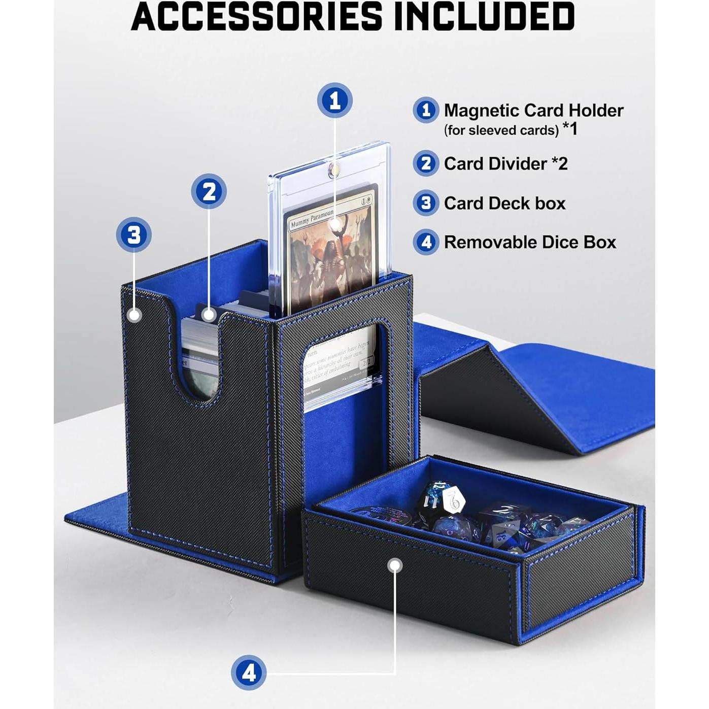 ZLCA MTG Commander Deck Box with Display Window,Deck Box Holds 100 Double-Sleeved with Dice Tray & 35pt Magnetic Card Holder（Black& Blue）