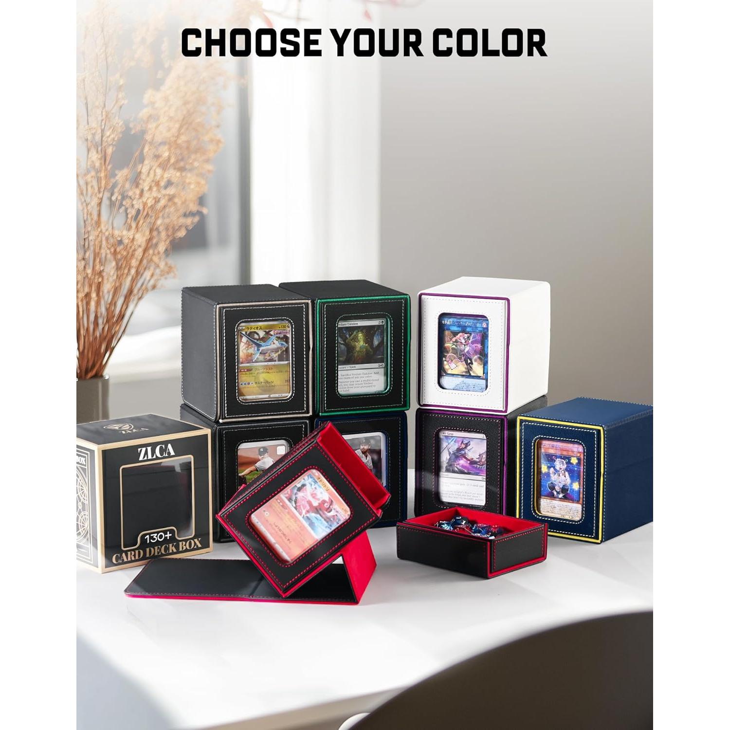 ZLCA MTG Commander Deck Box with Display Window,Deck Box Holds 100 Double-Sleeved with Dice Tray & 35pt Magnetic Card Holder（Black& Blue）