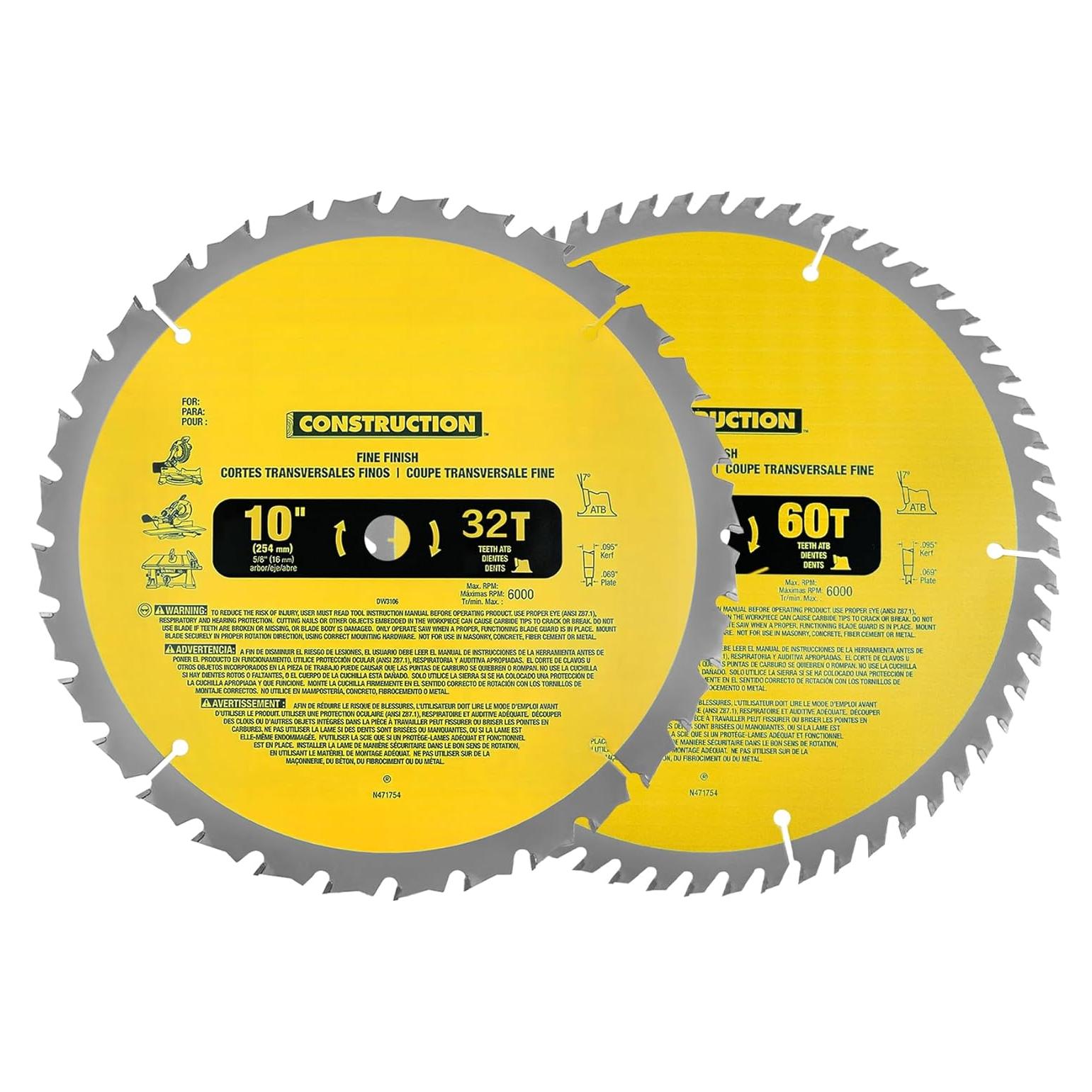 Paquete de 2 Hojas de Sierra Circular 10" 32T y 60T OEM