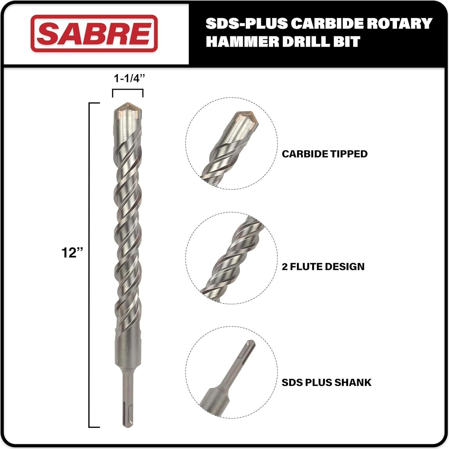 1-1/4 Inch x 12 Inch SDS Plus Rotary Hammer Drill Bit, Carbide Tipped for Brick, Stone, and Concrete Version 2 (1-1/4" x 10" x 12")