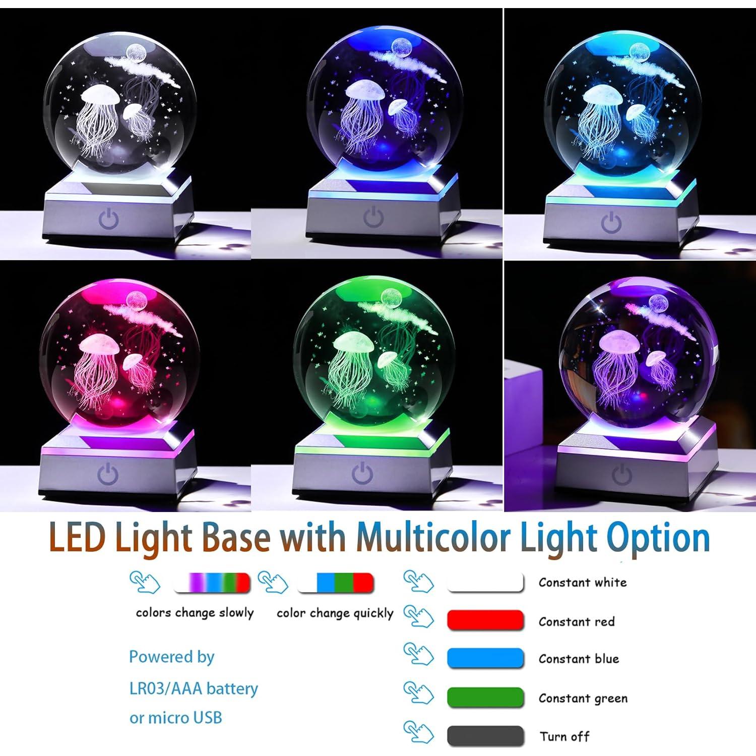 Esfera de Cristal K9 Medusa 8 cm con Base LED Multicolor