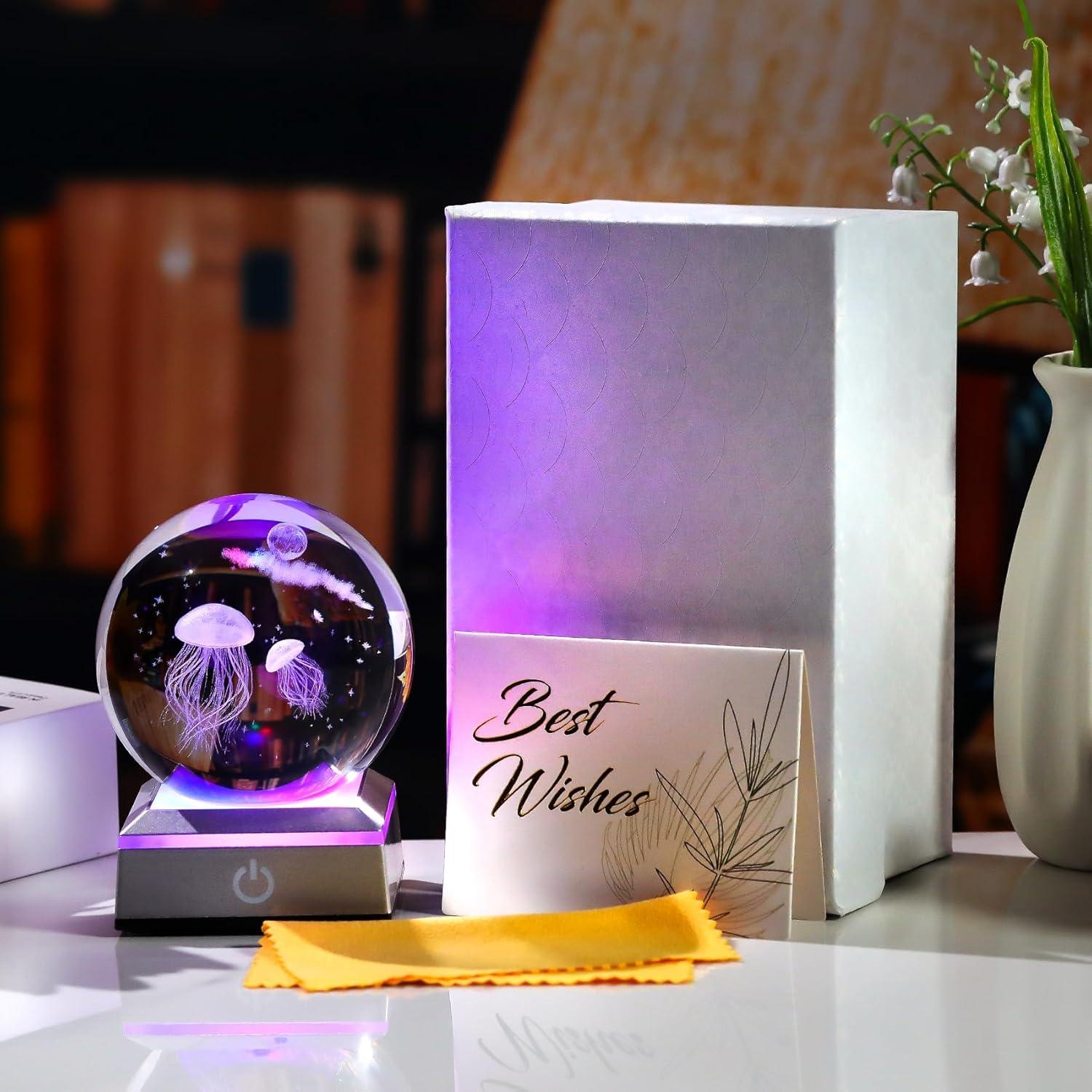 Esfera de Cristal K9 Medusa 8 cm con Base LED Multicolor