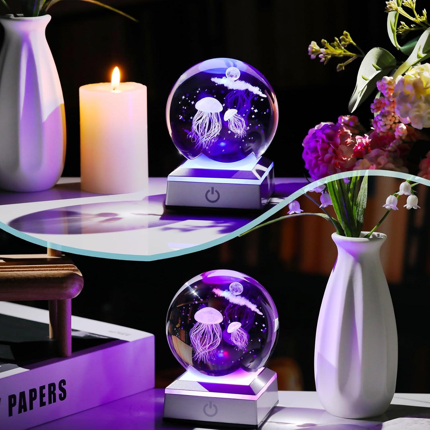 Esfera de Cristal K9 Medusa 8 cm con Base LED Multicolor
