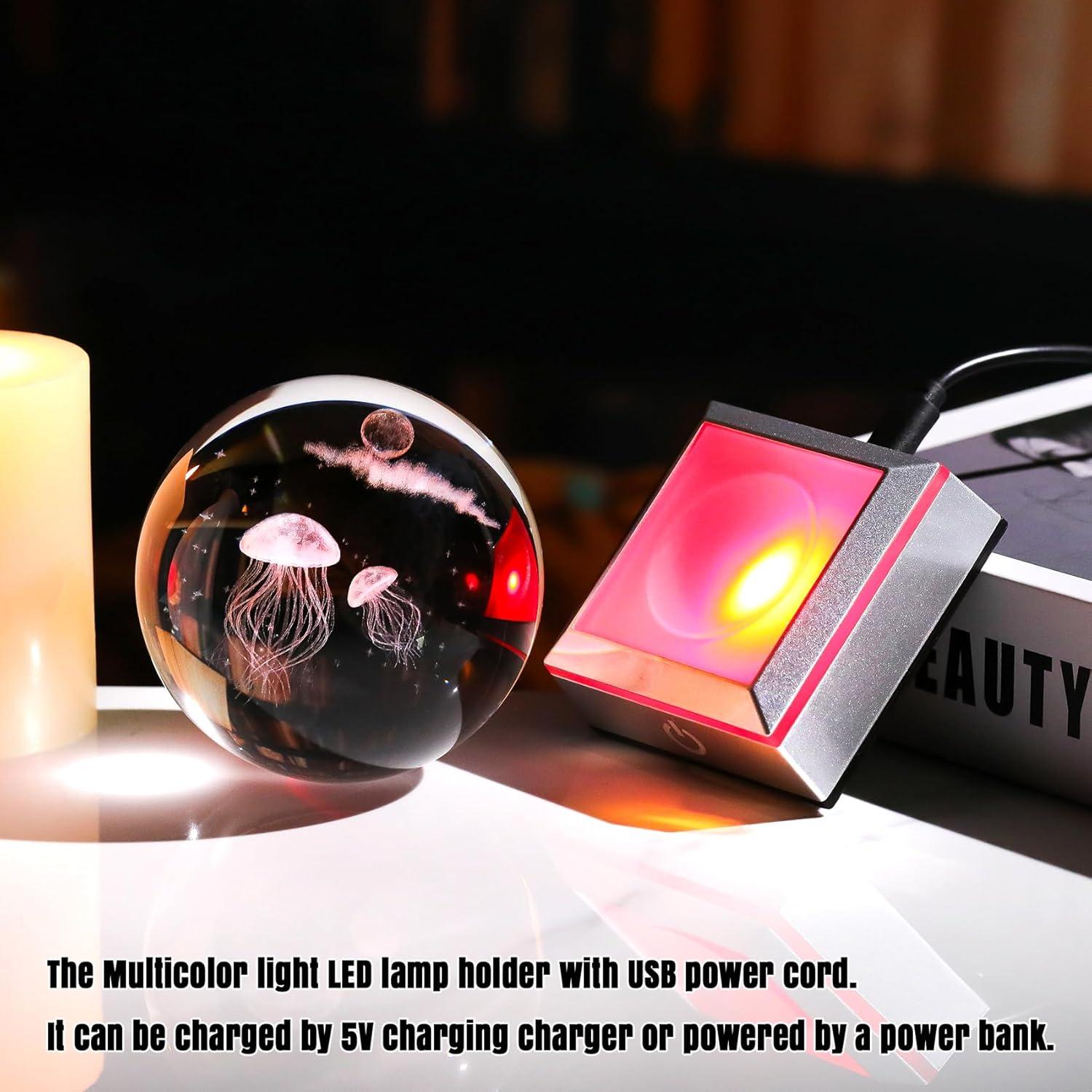 Esfera de Cristal K9 Medusa 8 cm con Base LED Multicolor