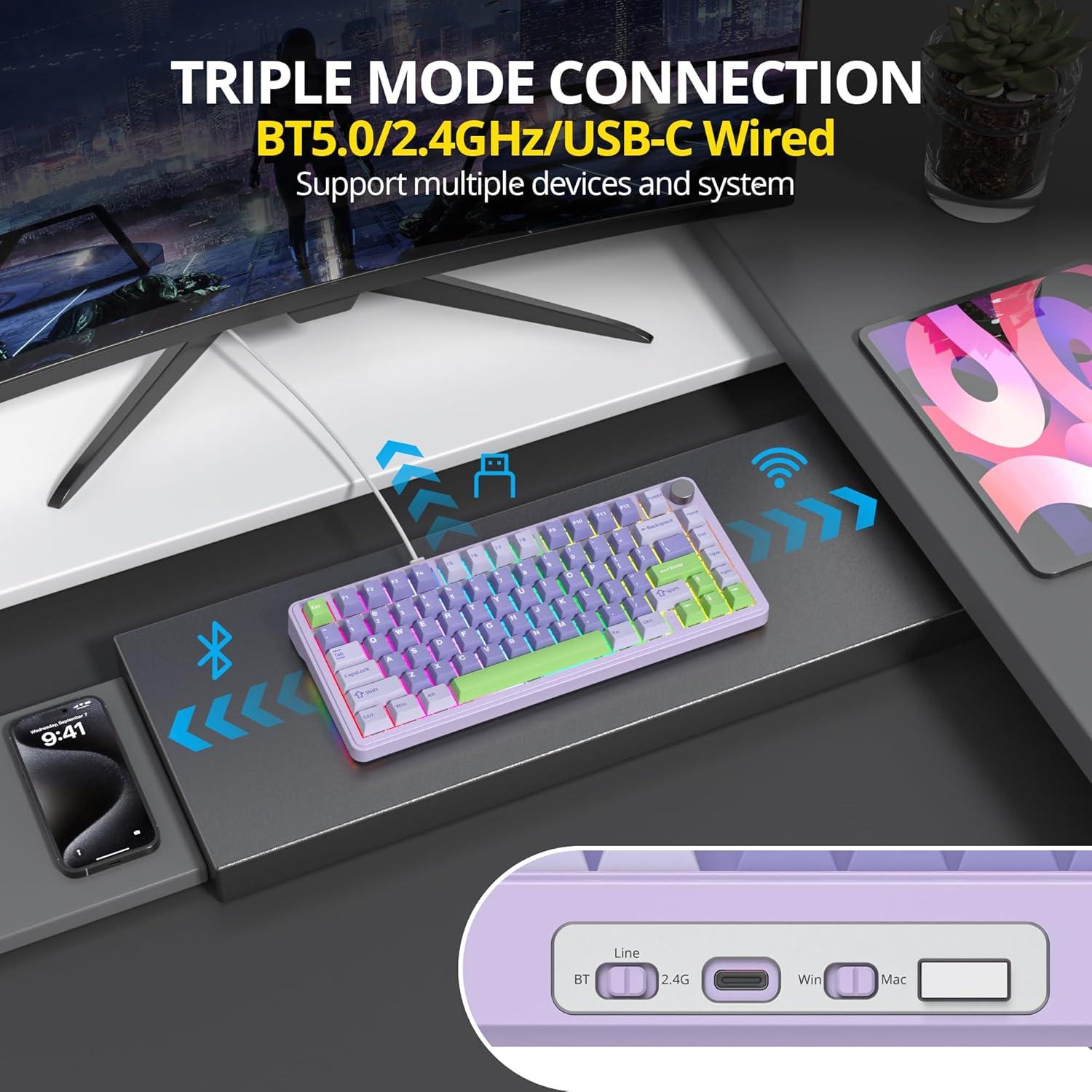 Teclado mecánico inalámbrico SURMEN M75 75% RGB Lavanda
