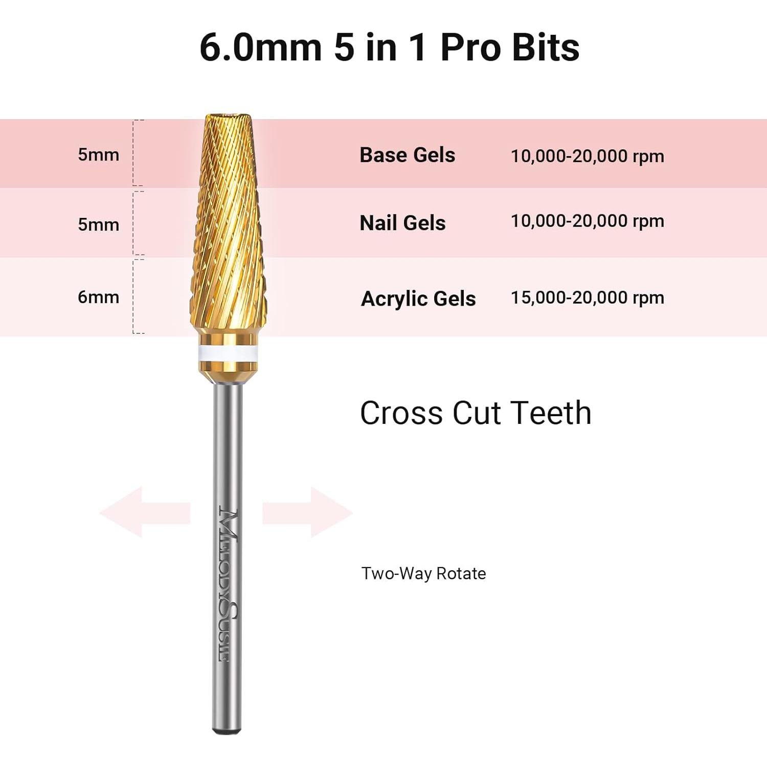 Brocas de Taladro para Uñas MelodySusie 5 en 1 Carburo 3/32"