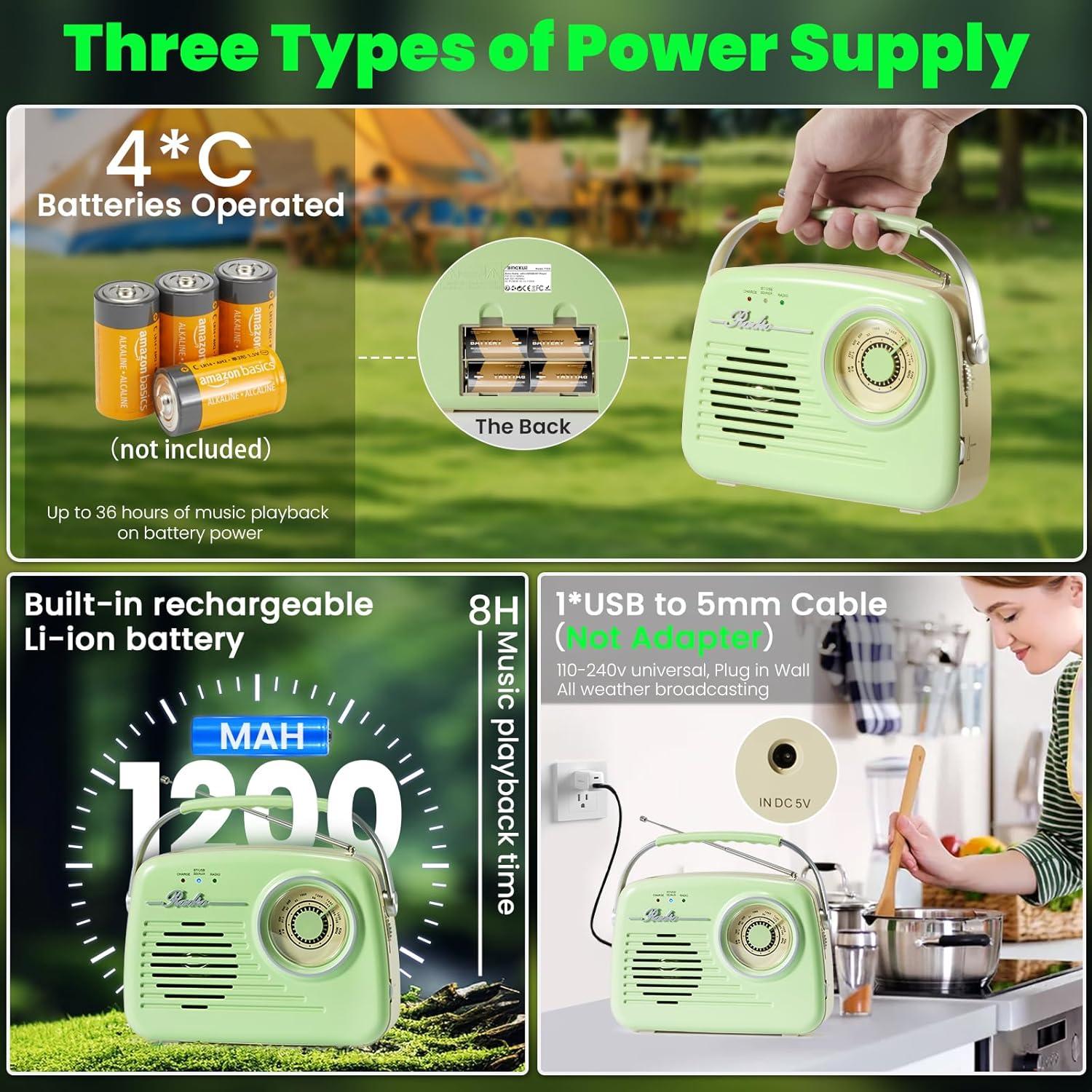 Radio Portátil AM FM Ruihua Bluetooth Verde 0.45 kg