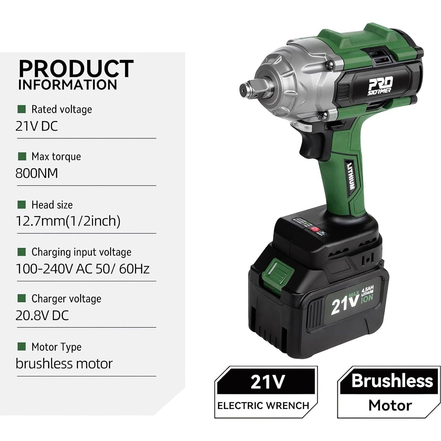 Llave de Impacto Inalámbrica Prostormer 21V 800Nm 2 Baterías