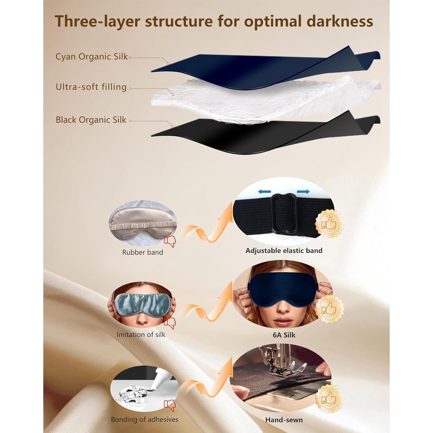 Máscara de Ojos de Seda Natural BLSSNZ Azul Marino - Suave y Ajustable