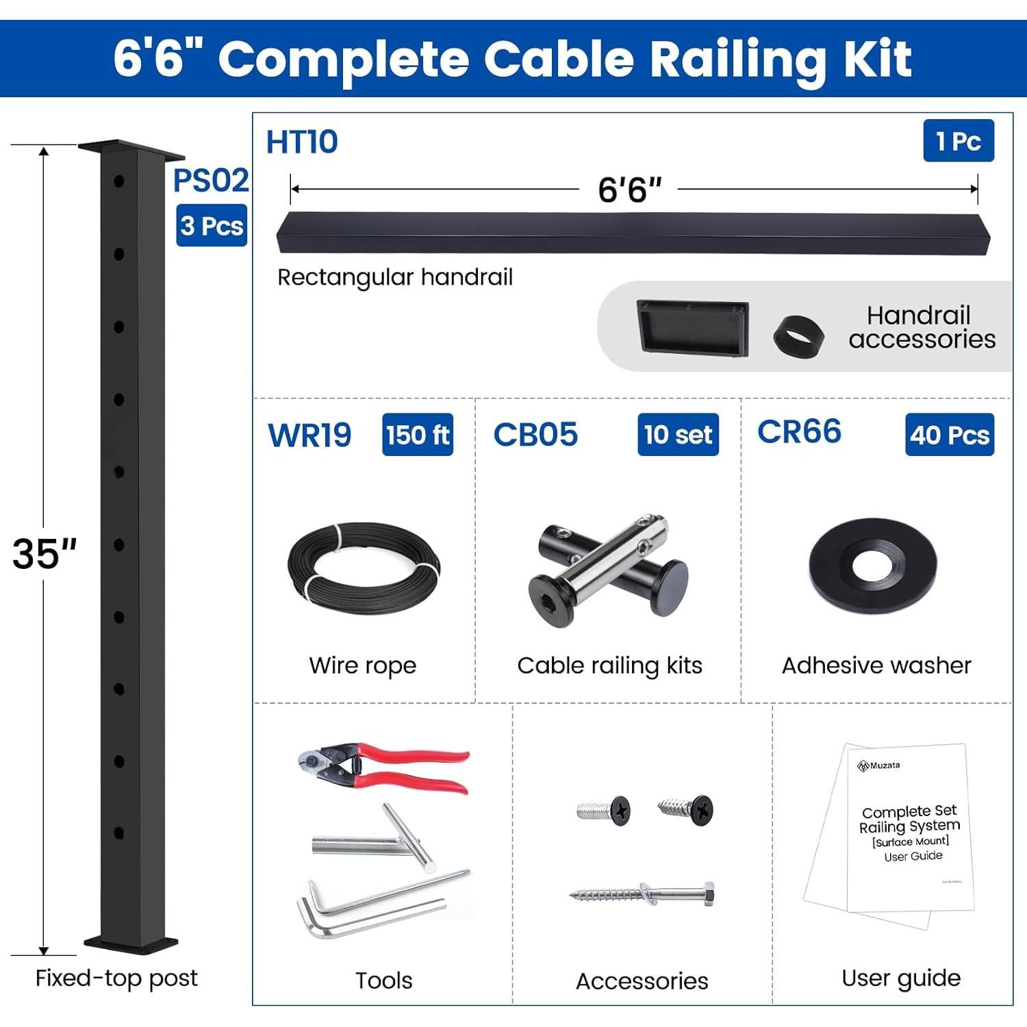 Kit Completo de Barandilla de Cable Muzata 36" Negra Ajustable