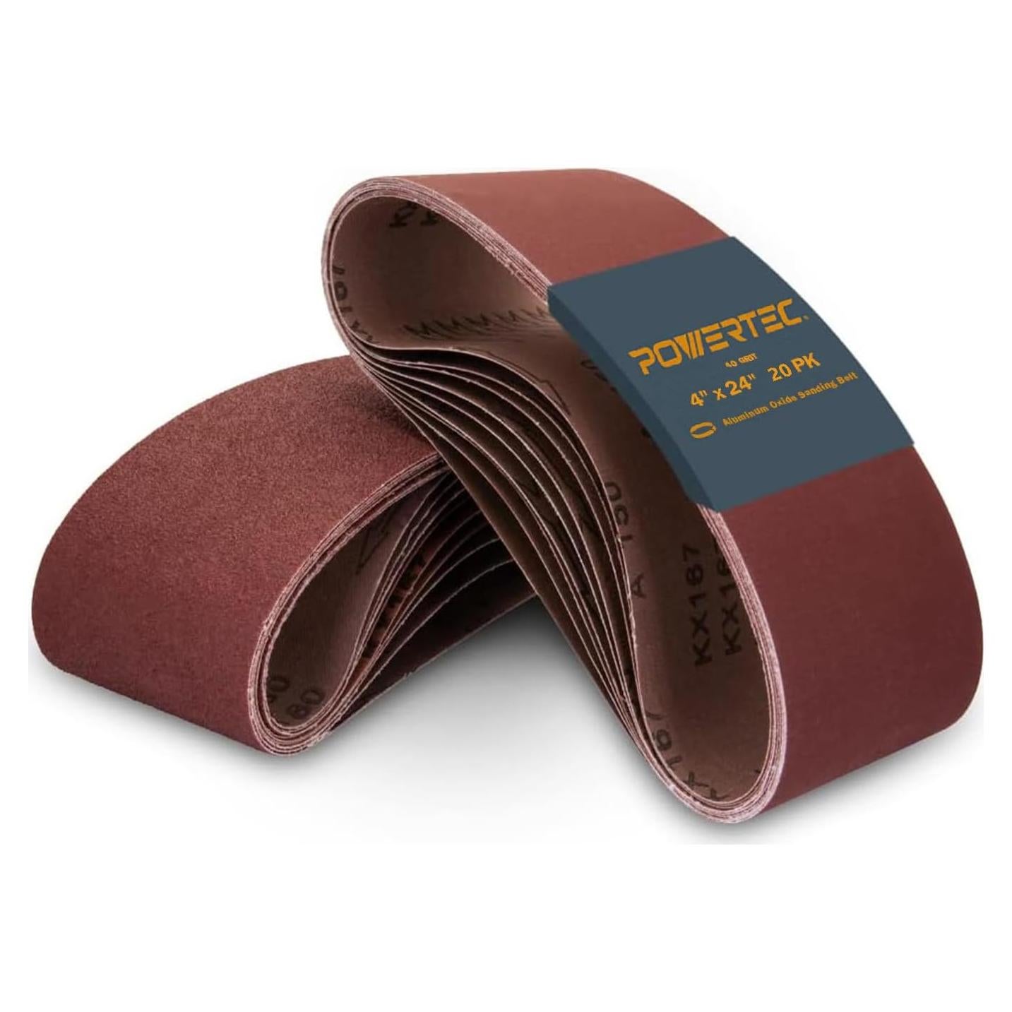 POWERTEC 4 x 24 Inch Sanding Belts, 20PK, 40 Grit Aluminum Oxide Belt Sander Sanding Belt, Sandpaper For Makita Belt Sander, Oscillating Belt and Spindle Sander (110060-P2)