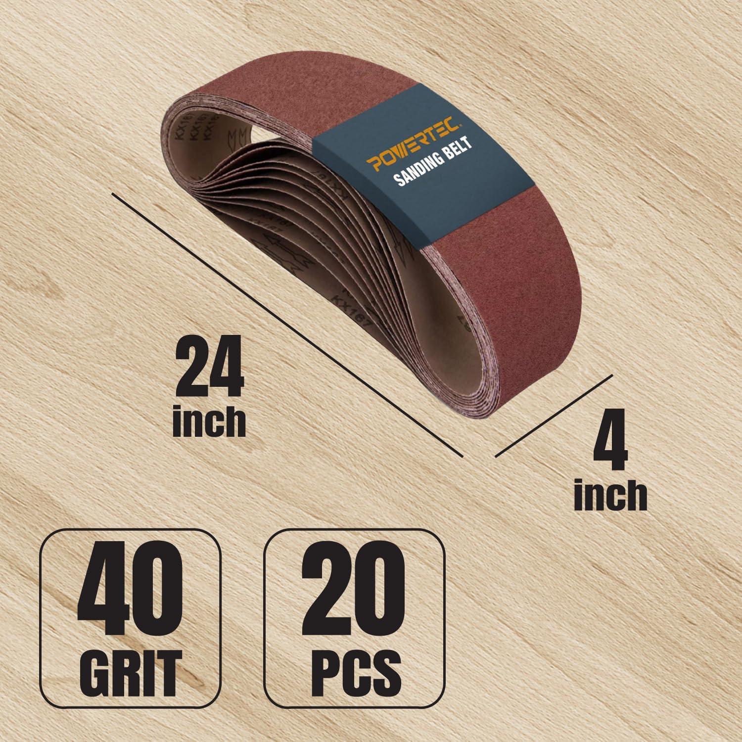 POWERTEC 4 x 24 Inch Sanding Belts, 20PK, 40 Grit Aluminum Oxide Belt Sander Sanding Belt, Sandpaper For Makita Belt Sander, Oscillating Belt and Spindle Sander (110060-P2)