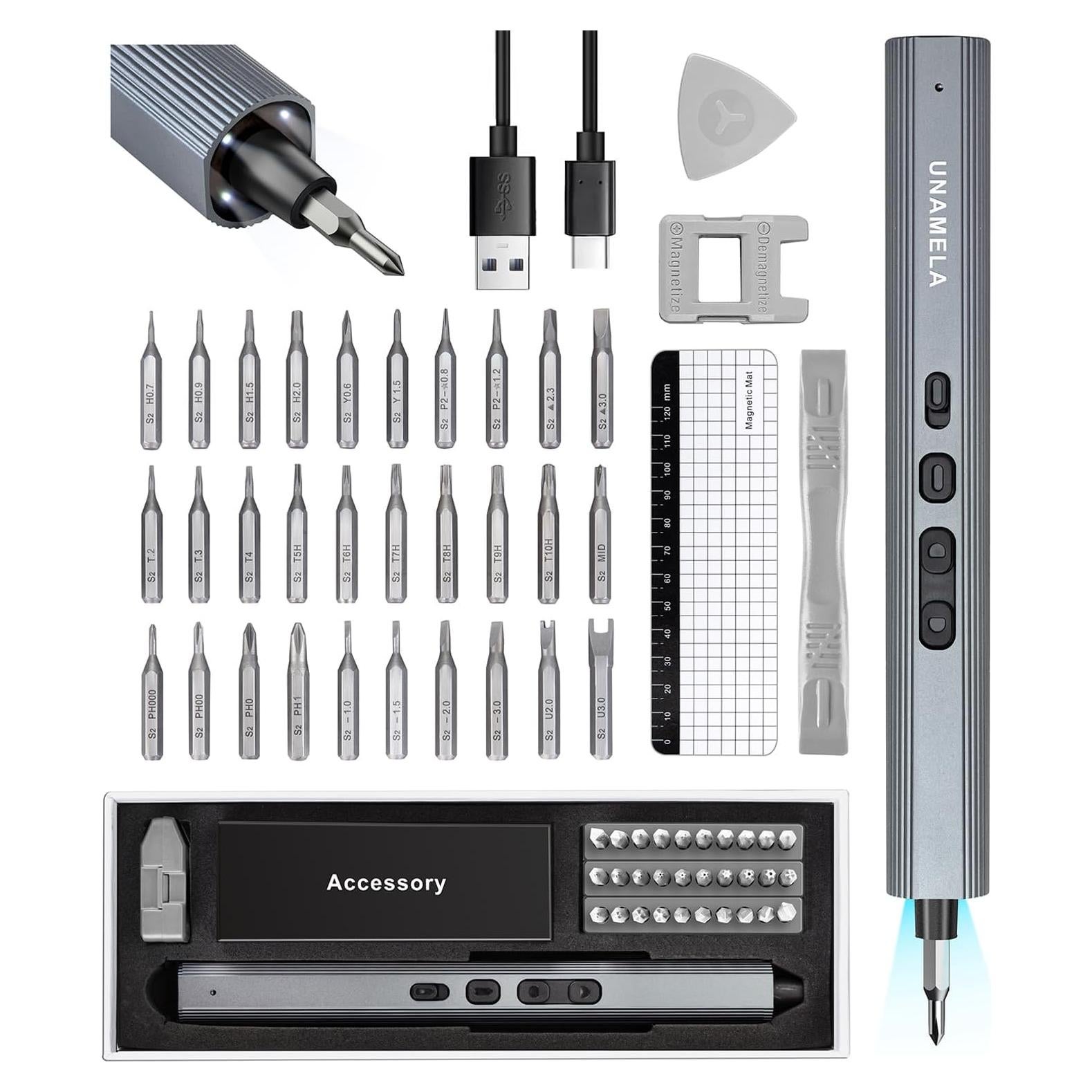 Mini Electric Screwdriver Set Upgraded: UnaMela Small Electric Precision Screwdriver Cordless - 30 S2 Bits, 3 Torque Settings, 4 LED Lights, Power Screwdriver Repair Tool Kit for PC RC Electronics