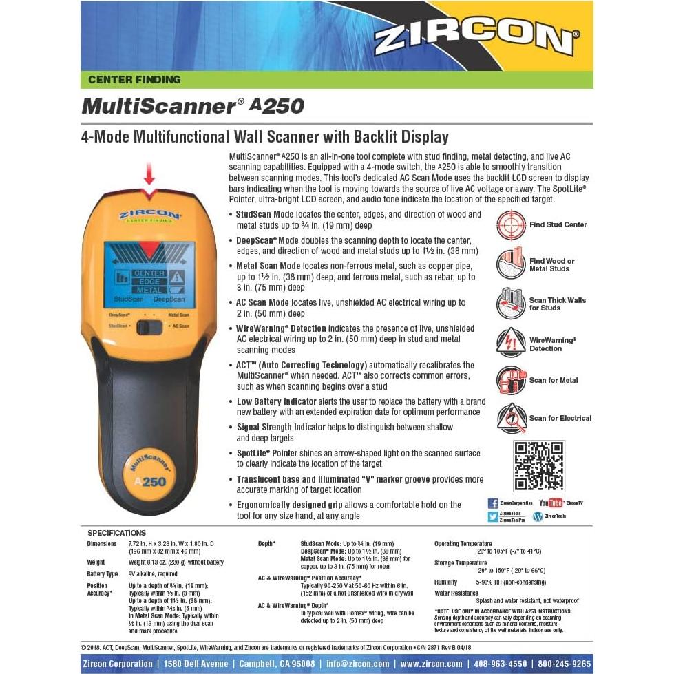 Zircon MultiScanner A250 - Escáner de Paredes y Vigas