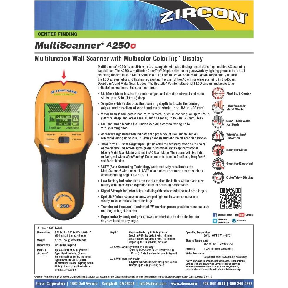 Buscador de Vigas Zircon MultiScanner A250c - Detector de Metales y Cables AC