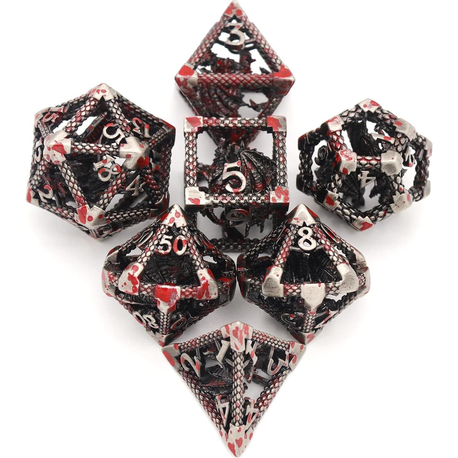 Dados Metálicos Poliedricos D&D HNCCESG Sangre de Dragón Plateada