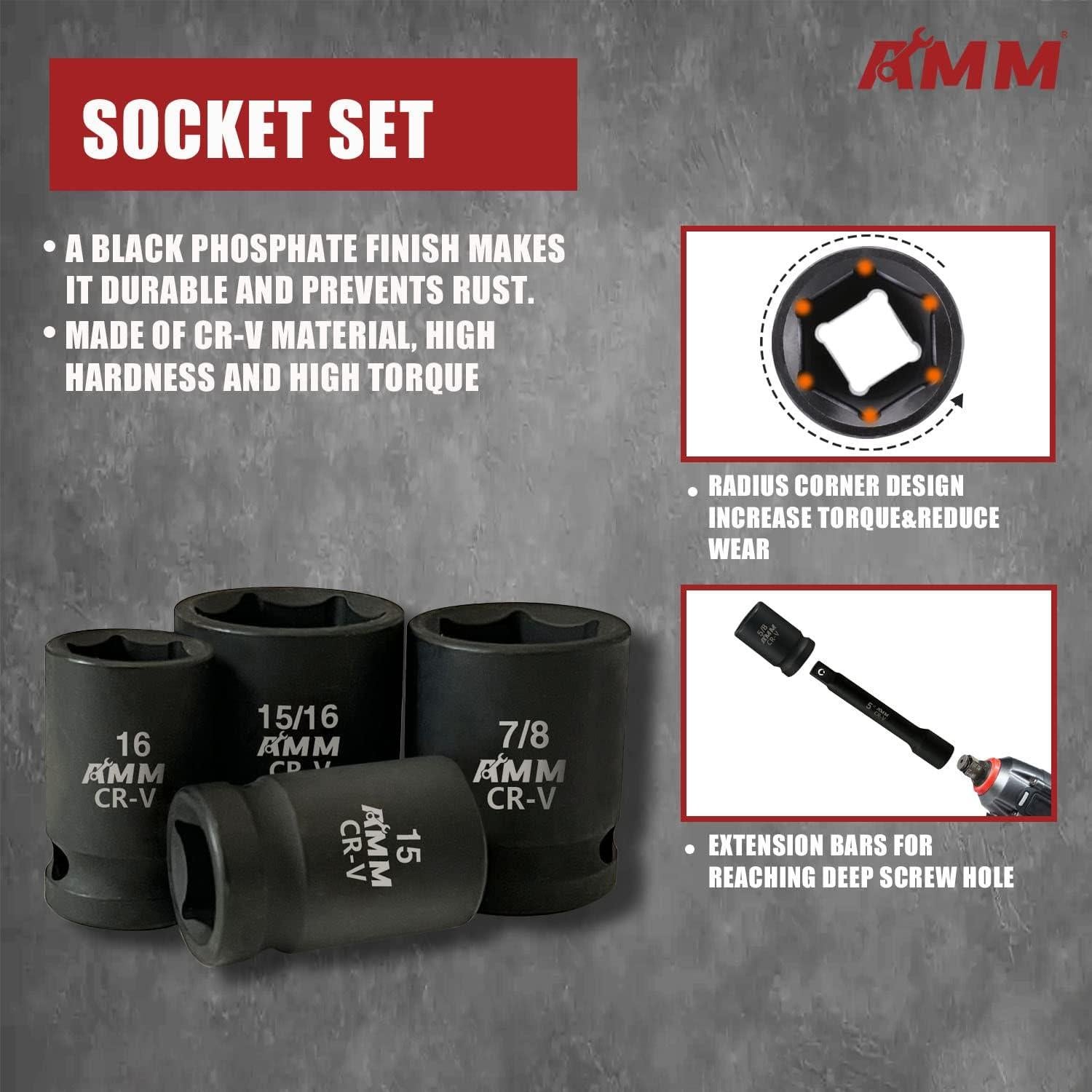 Juego de Enchufes de Impacto AMM 1/2" 24 Piezas Cr-V