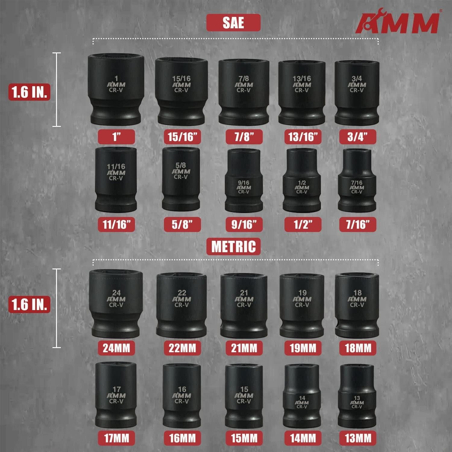 Juego de Enchufes de Impacto AMM 1/2" 24 Piezas Cr-V
