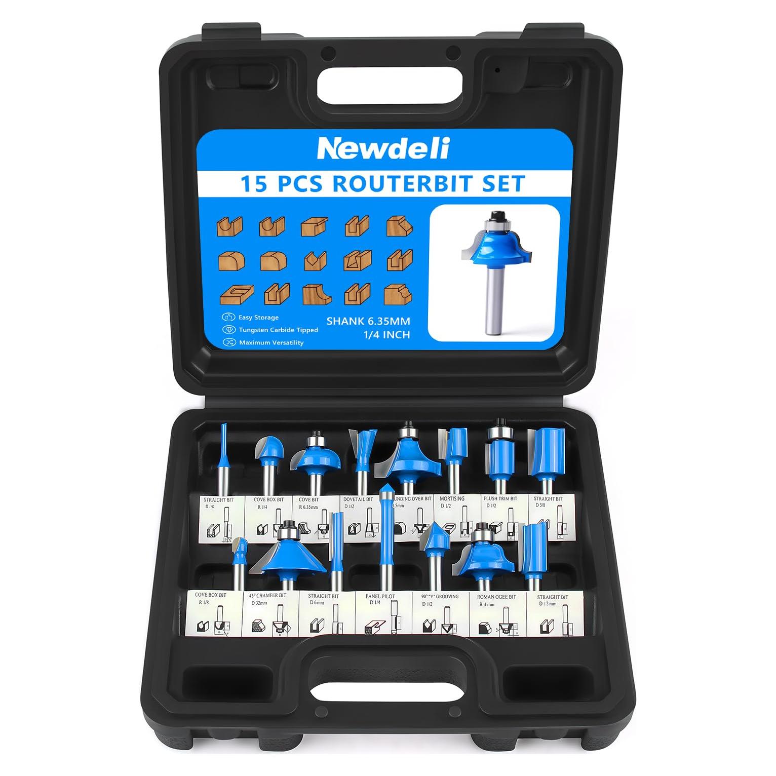 Newdeli Router Bit Set 1/4 Inch Shank 15Pcs Router Bits Tungsten Carbide Tipped Router Bit Woodworking Tool for Beginners