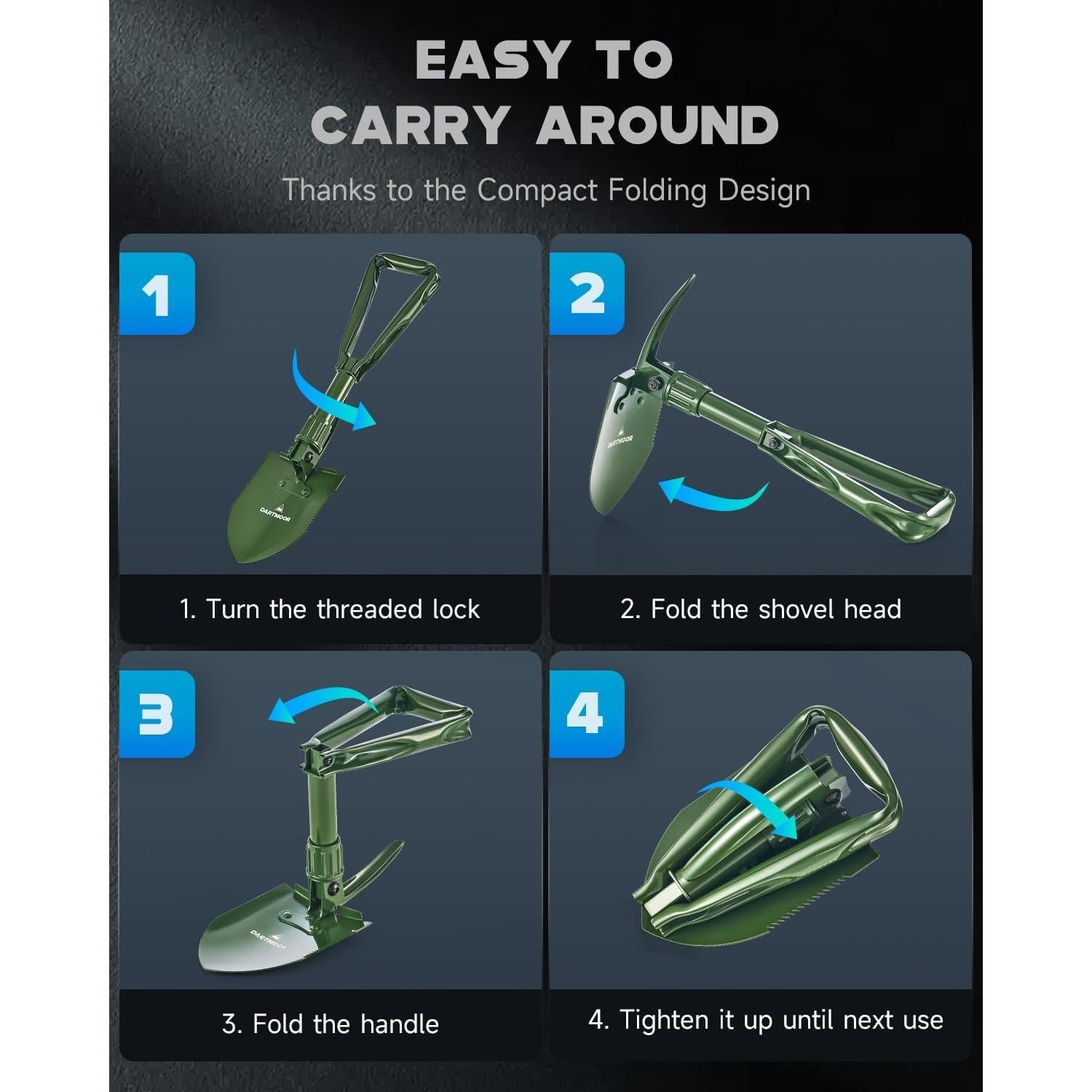 Pala Plegable Dartmoor 46 cm de Acero al Carbono Verde