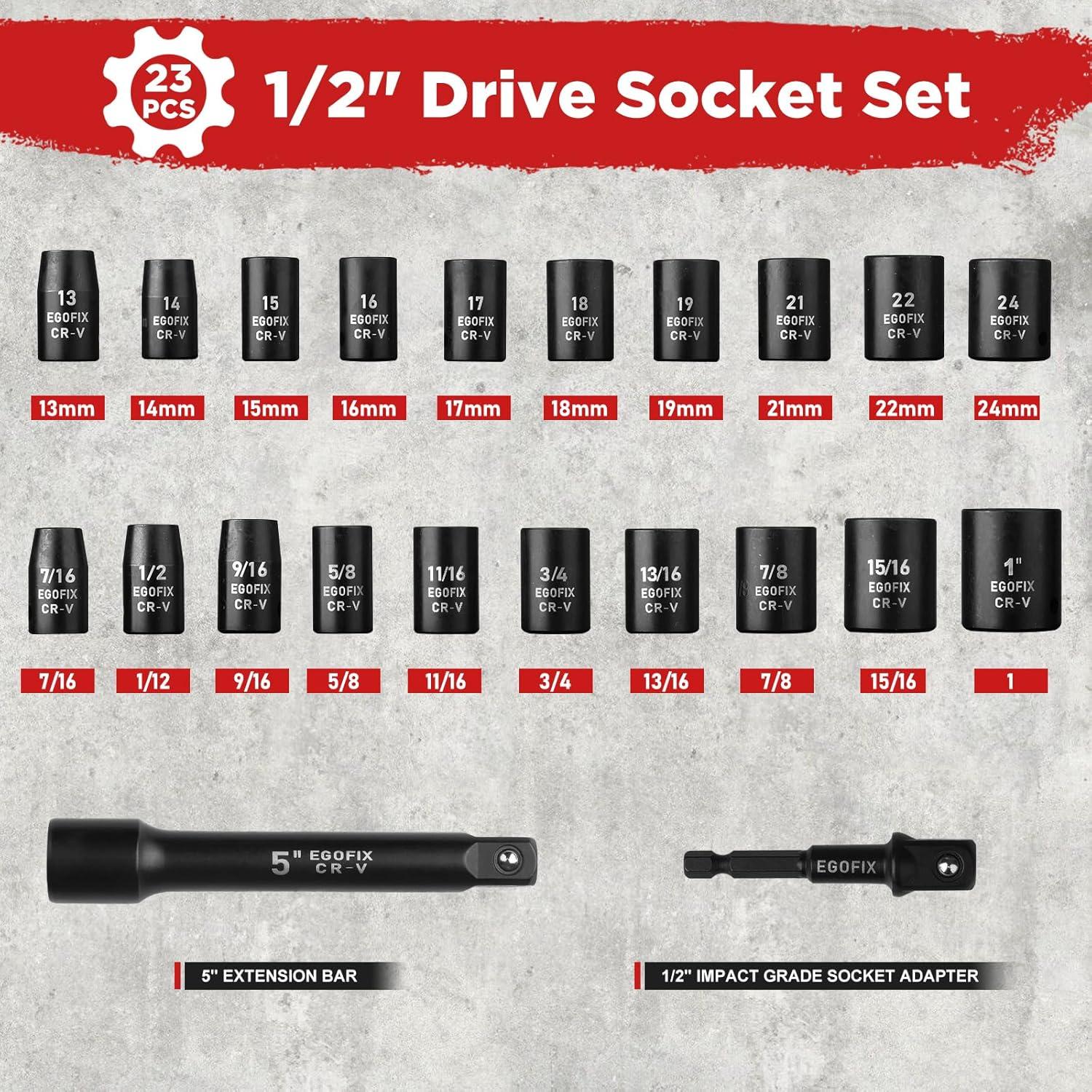 Juego de Llaves de Impacto 1/2" EGOFIX 23 Piezas Métricas y SAE