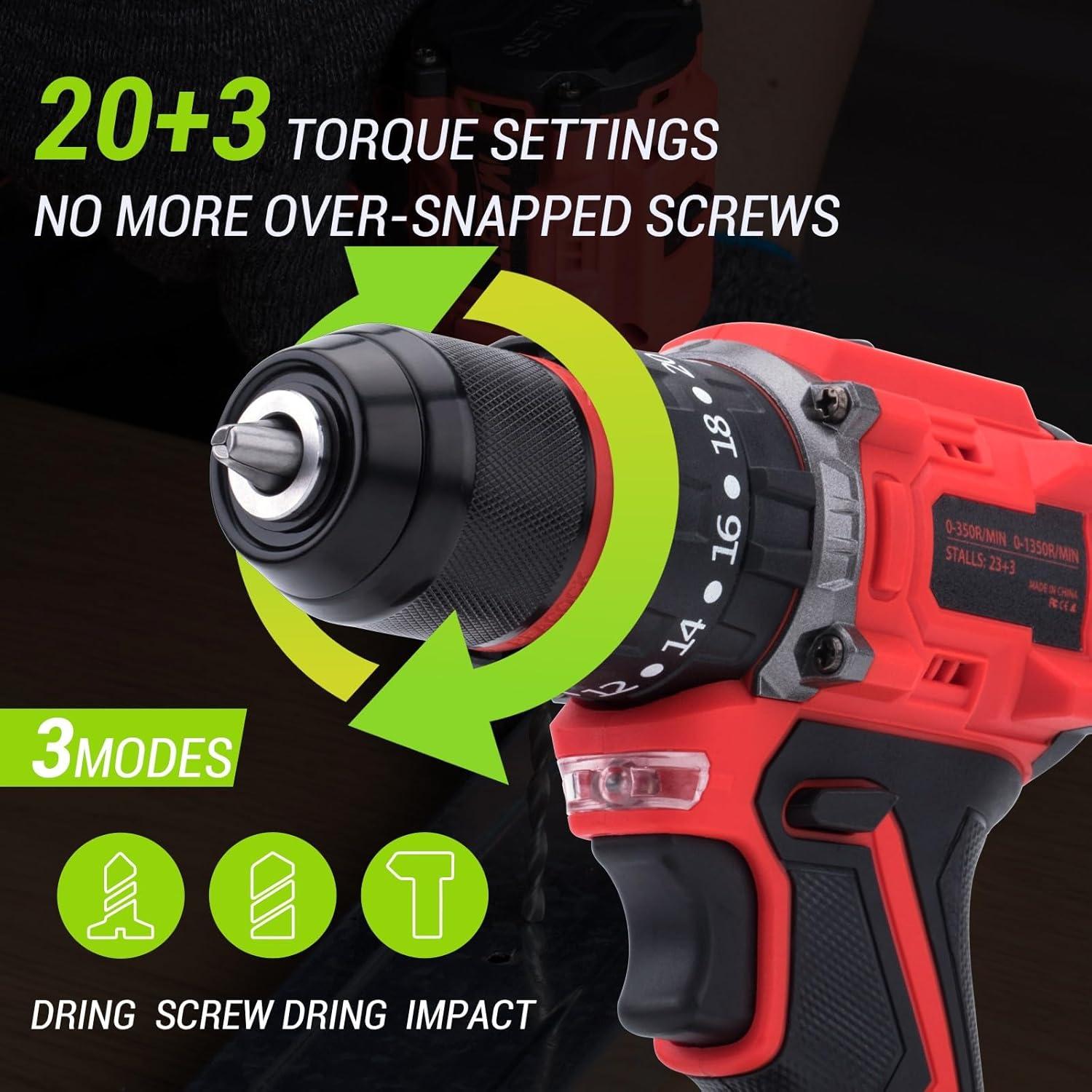 Brushless Drill Set, 21V Cordless Electric Drill Driver with 2 Batteries and Charger, 3/8Inch Keyless All-Metal Chuck, 2 Variable Speeds, 20+3 Power Drill Kit for Screw Wood/Ceramic/Tile/Steel