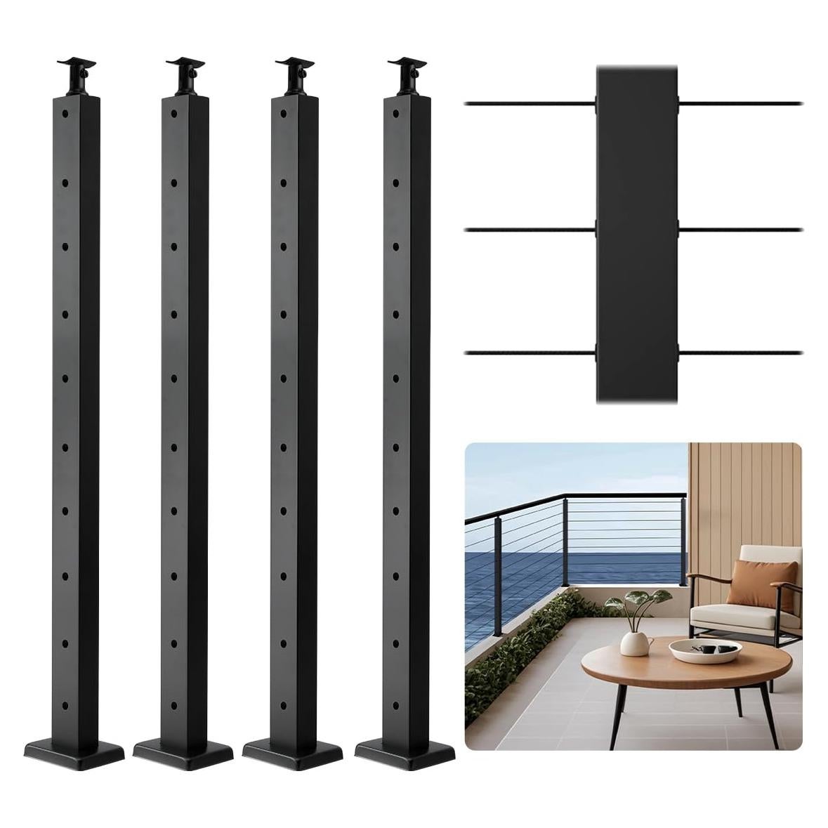 VEVOR 4 Pack Cable Railing Post, 36"x1"x2" Level Drilled Deck Railing Post, Stainless Steel Black Cable Railing System Kit for Indoor Outdoor Deck Balcony, 4JZLGZXHS914UUOI6001V0