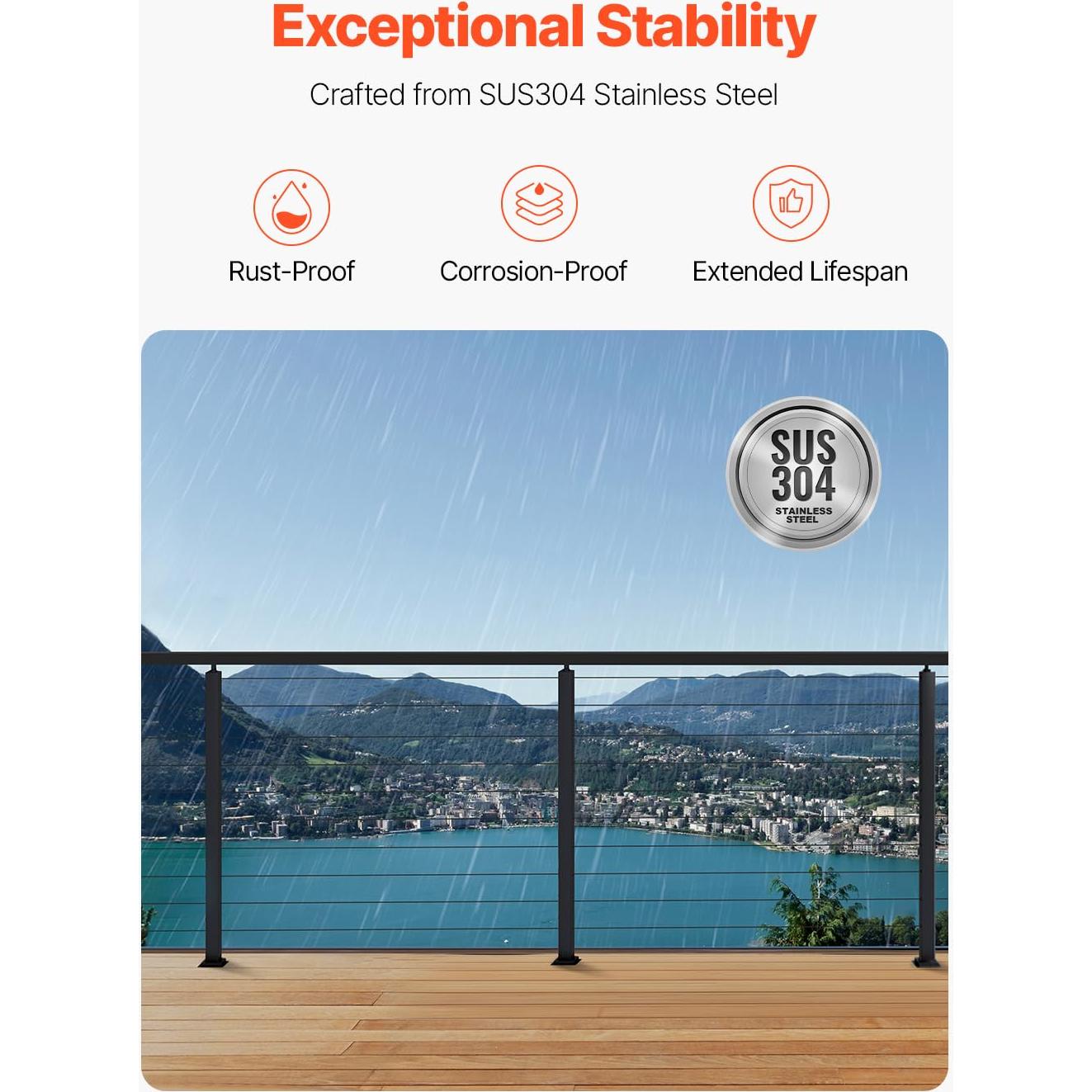 VEVOR 4 Pack Cable Railing Post, 36"x1"x2" Level Drilled Deck Railing Post, Stainless Steel Black Cable Railing System Kit for Indoor Outdoor Deck Balcony, 4JZLGZXHS914UUOI6001V0