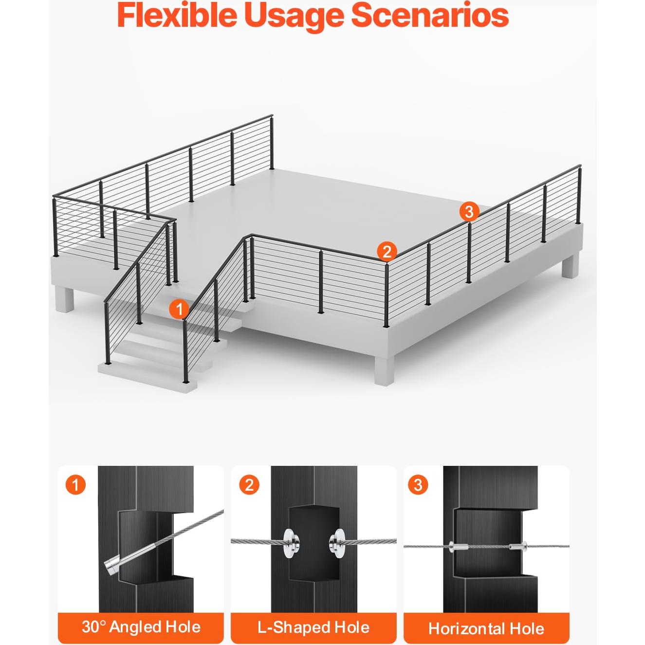 VEVOR 4 Pack Cable Railing Post, 36"x1"x2" Level Drilled Deck Railing Post, Stainless Steel Black Cable Railing System Kit for Indoor Outdoor Deck Balcony, 4JZLGZXHS914UUOI6001V0