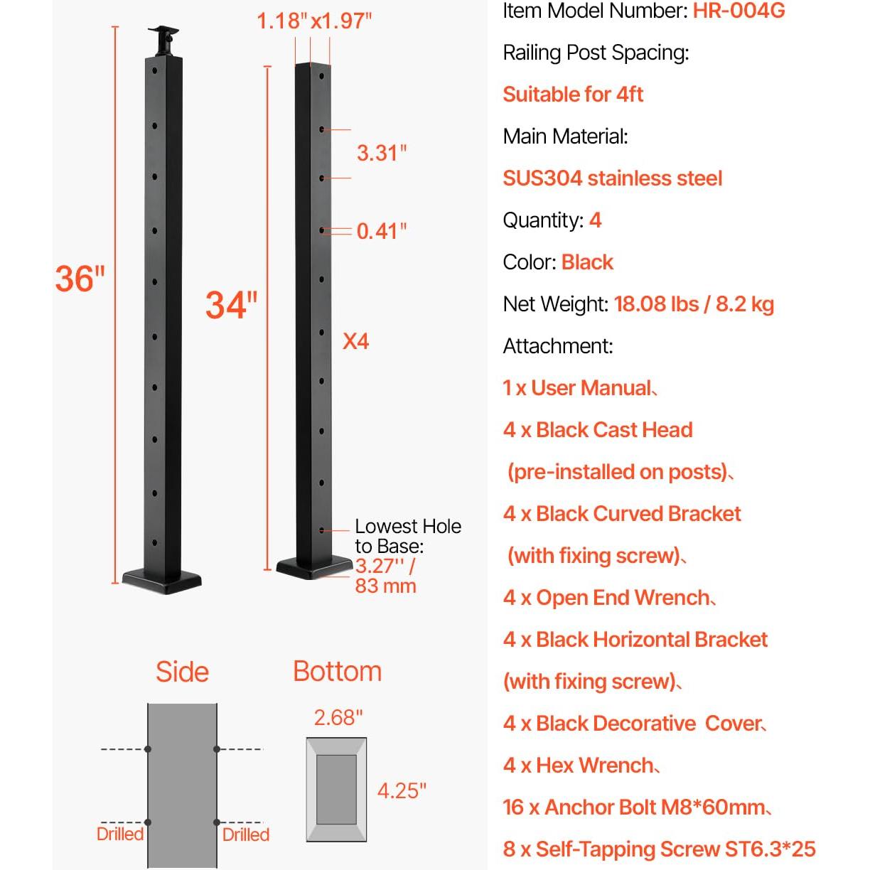 VEVOR 4 Pack Cable Railing Post, 36"x1"x2" Level Drilled Deck Railing Post, Stainless Steel Black Cable Railing System Kit for Indoor Outdoor Deck Balcony, 4JZLGZXHS914UUOI6001V0