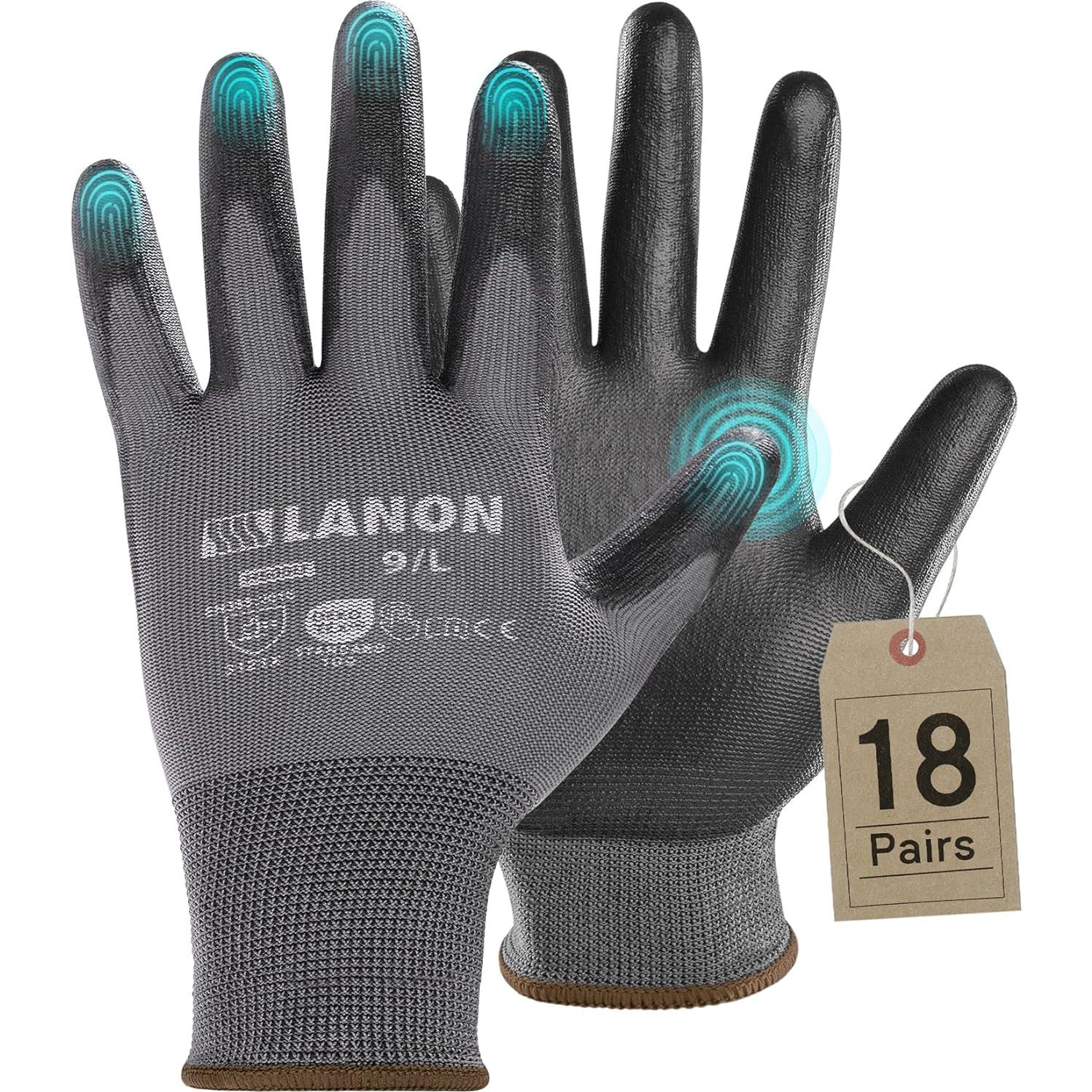 Guantes de Trabajo LANON 18 Pares Transpirables Grises